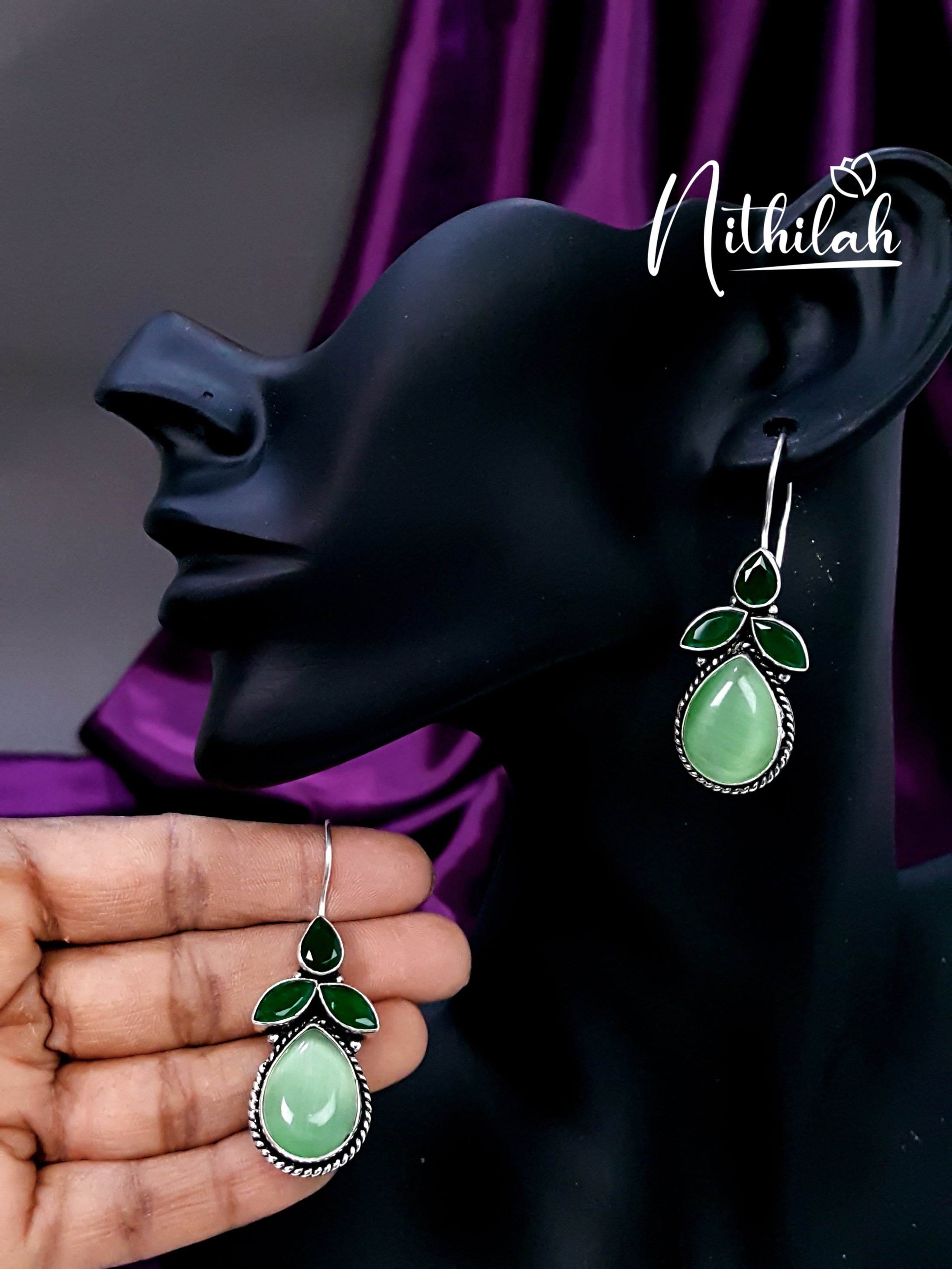 Light Green Hanging Leaf Drops Oxidised Earrings