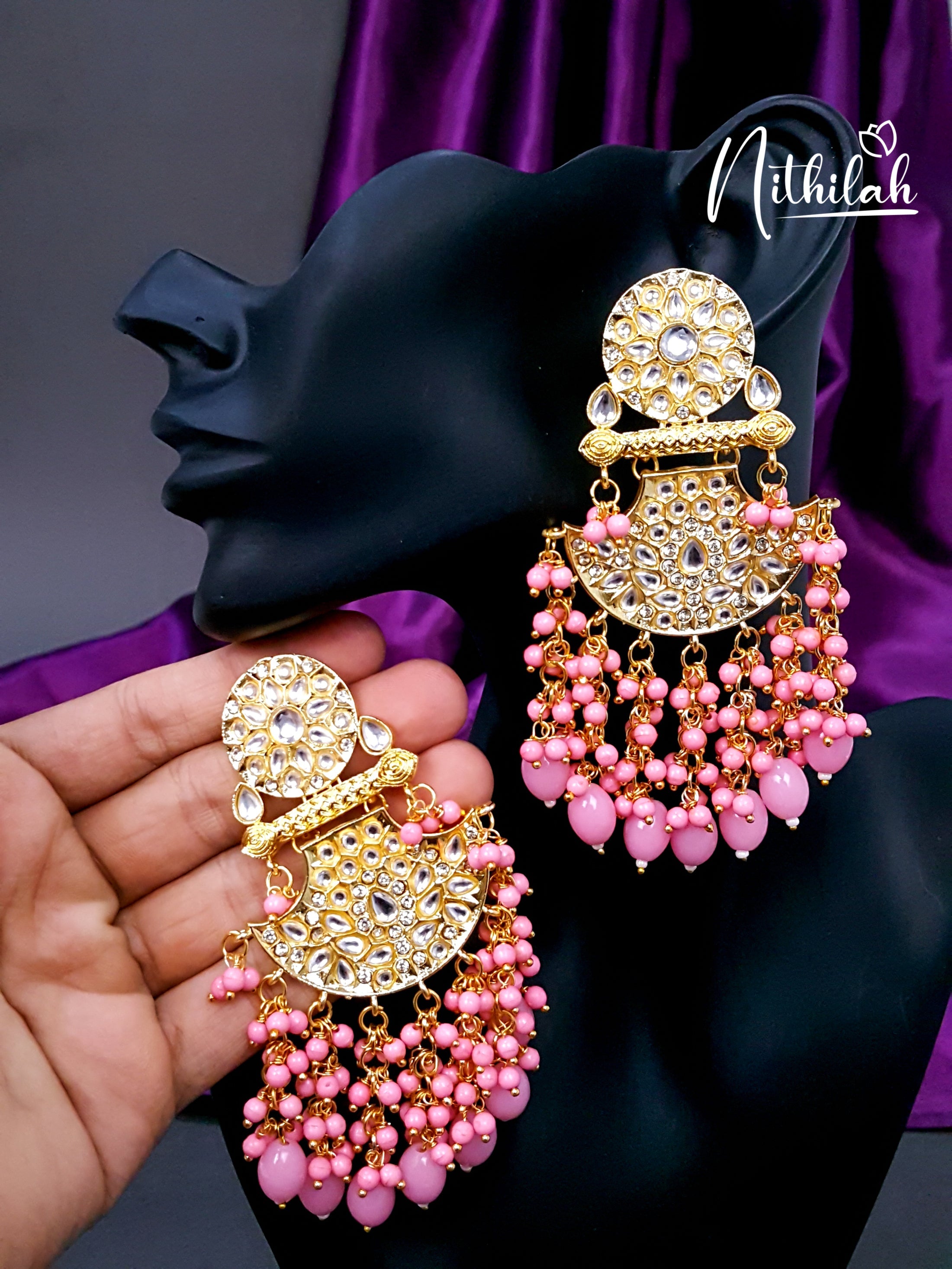 Light Pink Beads Kundan Chandelier Earrings