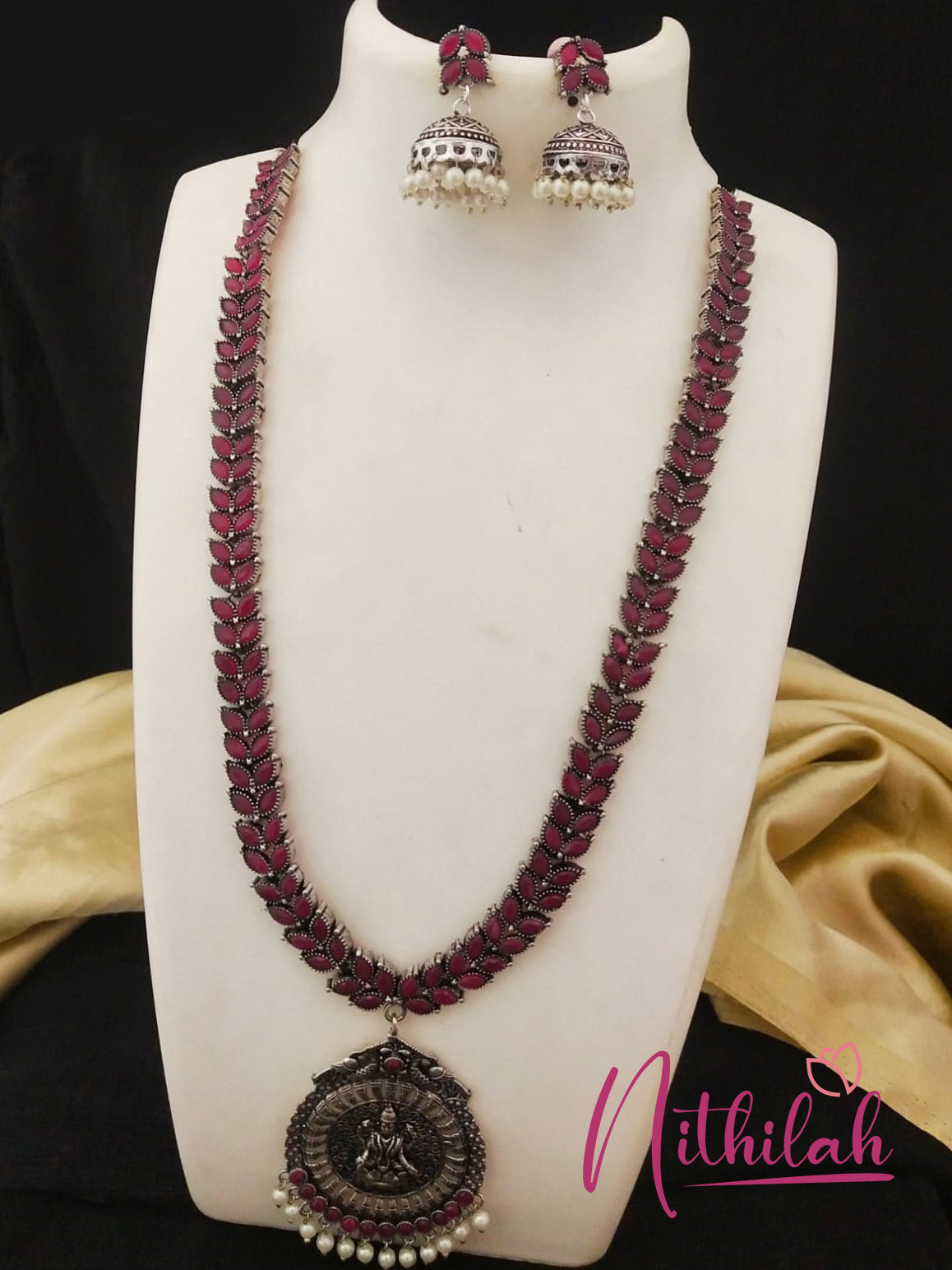 Buy Imitation Jewellery Lakshmi Dollar Oxidised Silver Haram - Red NSKH116 Online