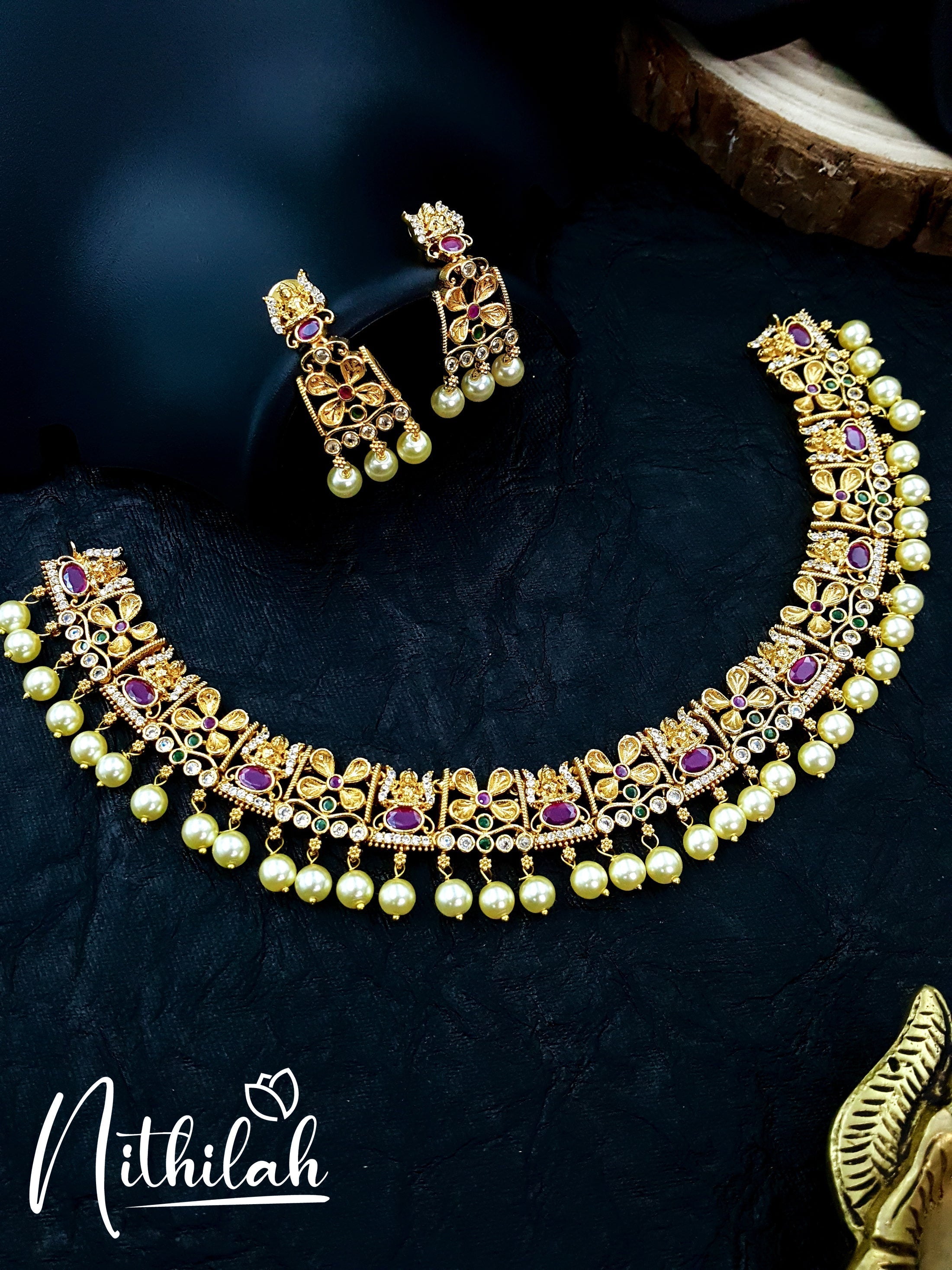 Lakshmi with Flowers Gold Necklace Design NMSN114