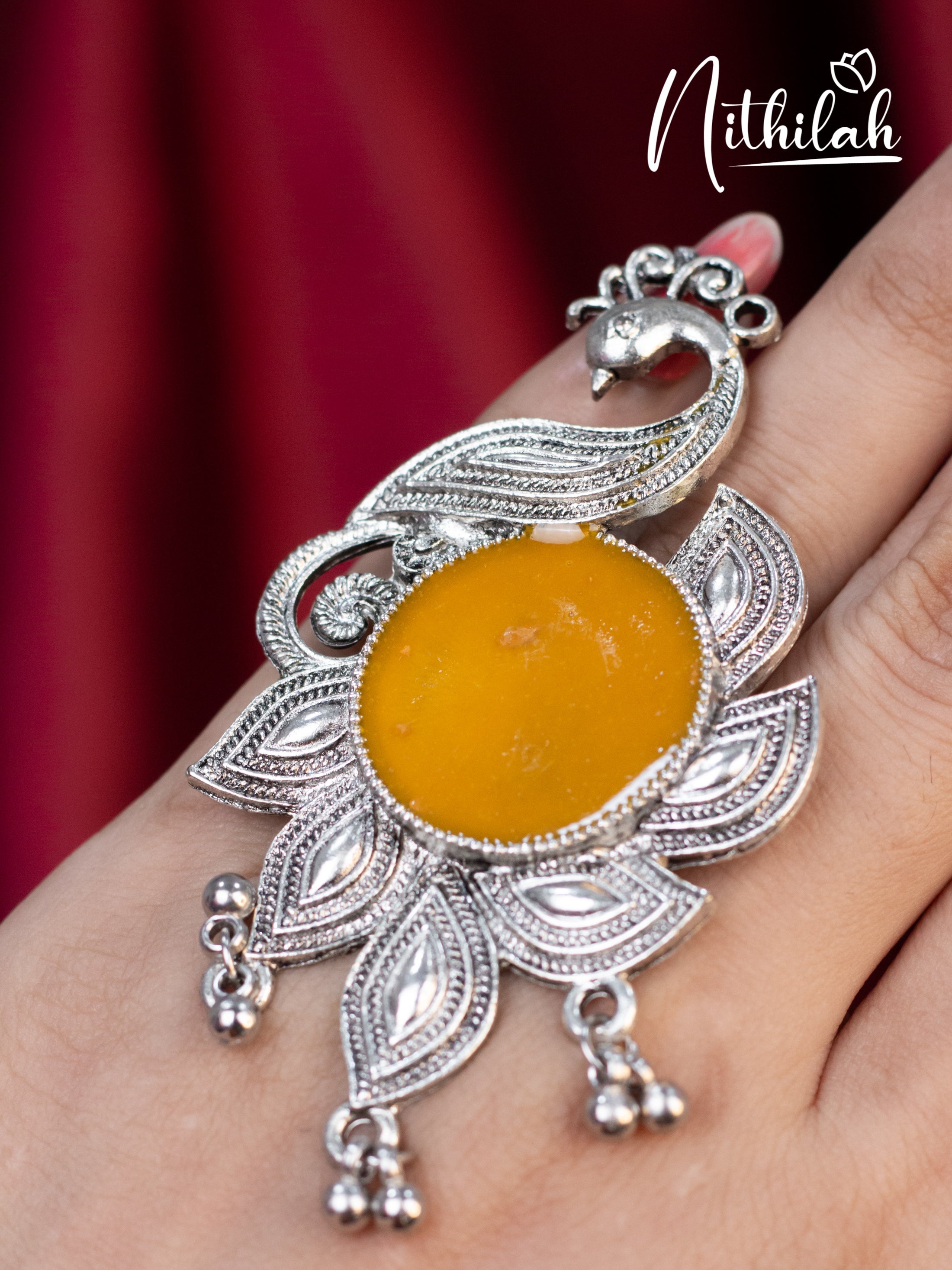 Large Peacock Yellow Stone  Oxidised Ring N19R181