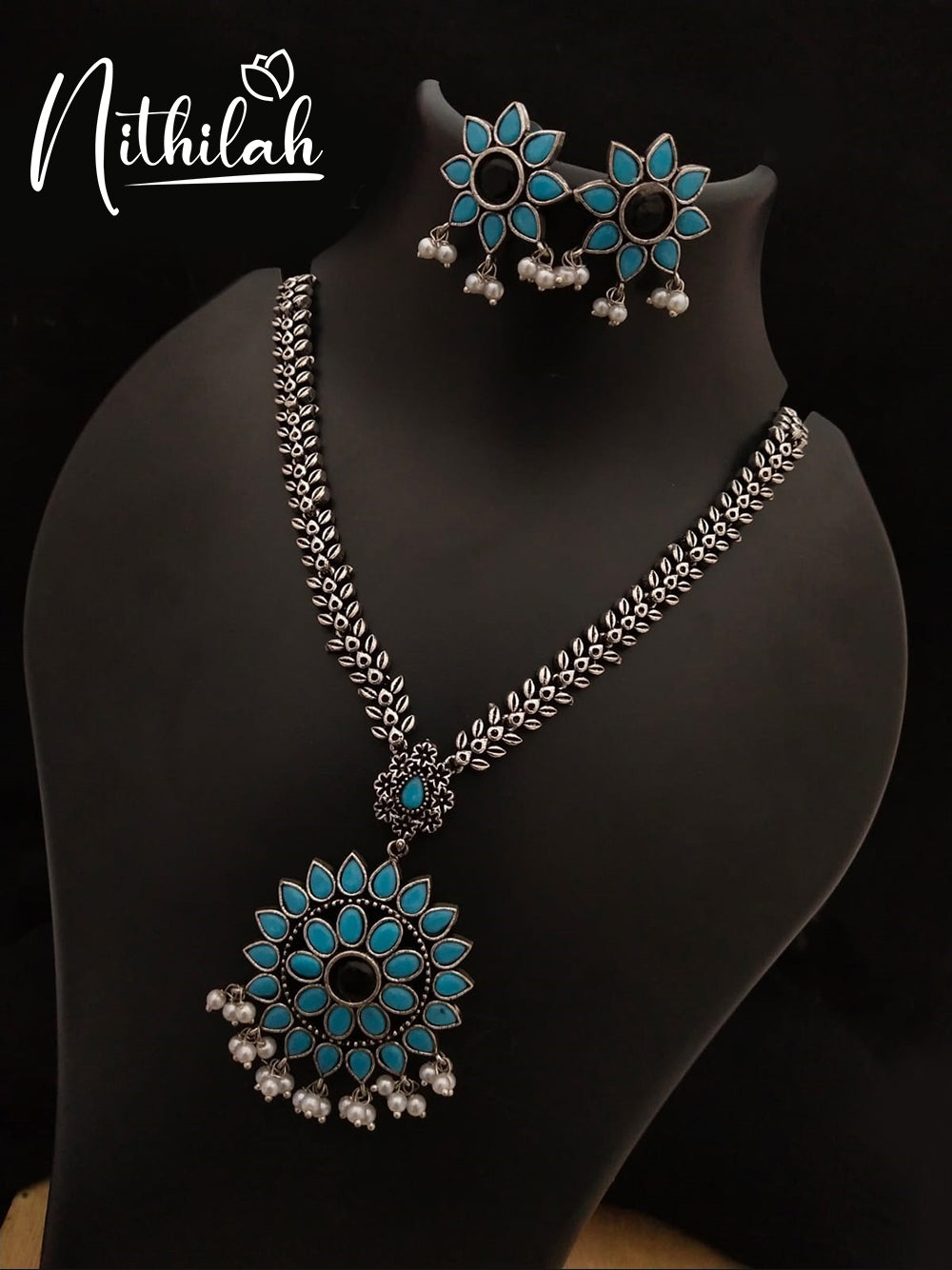 Buy Imitation Jewellery Leaf Chain Oxidised Necklace - Light Blue NSKN167 Online