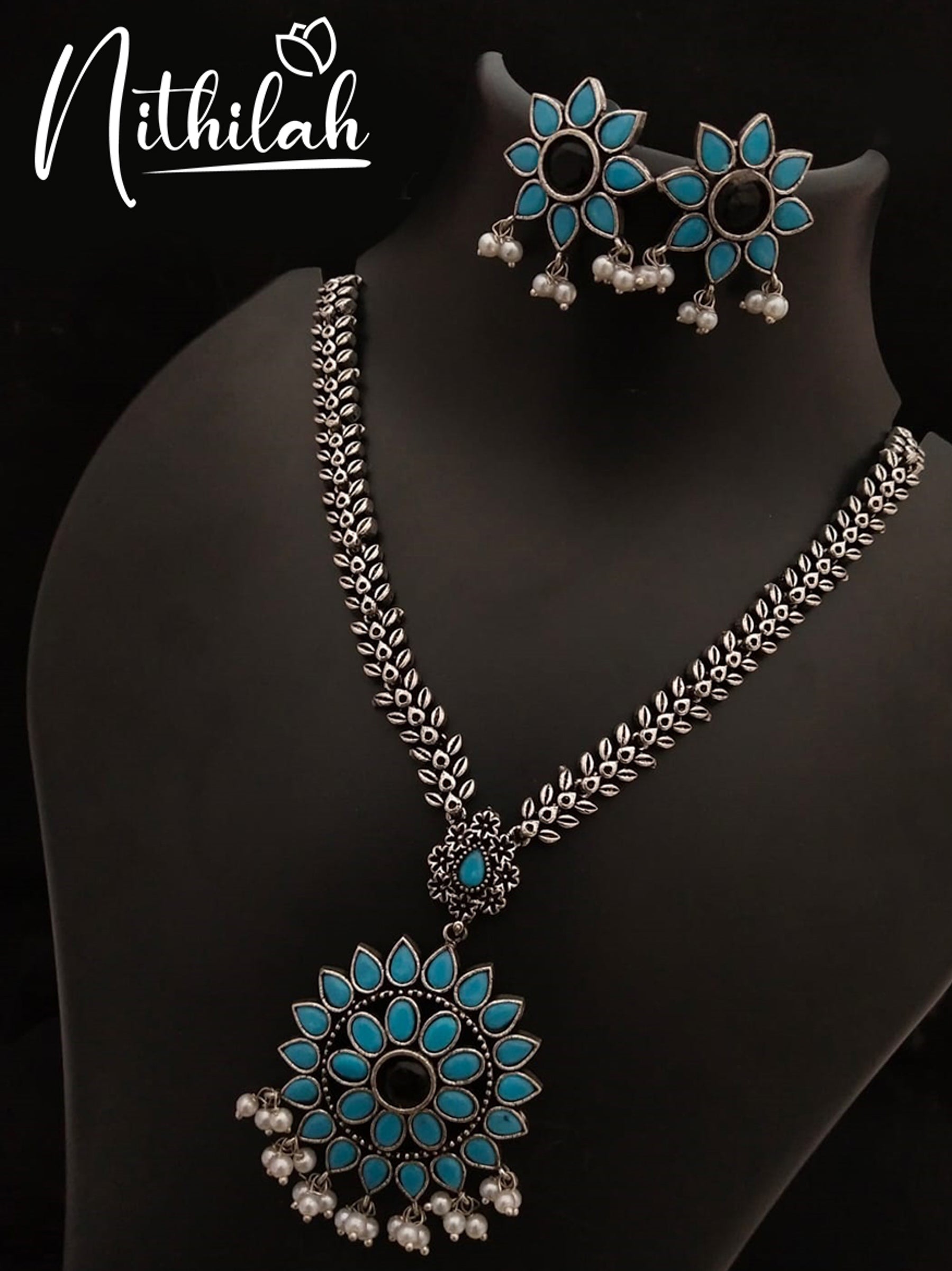 Leaf Chain Oxidised Necklace - Light Blue