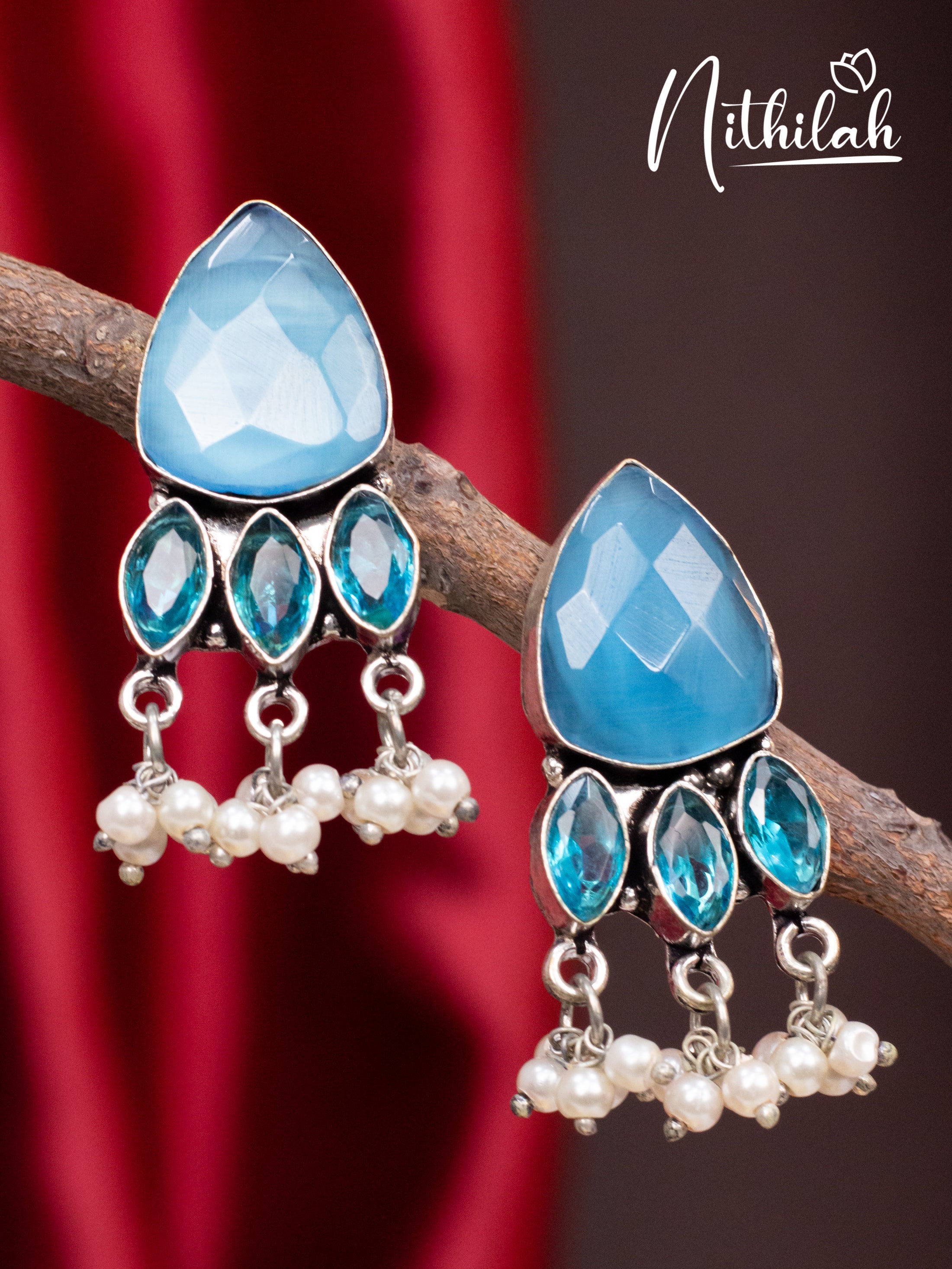 Light Blue Triangle Stone Oxidised Earrings N10E209