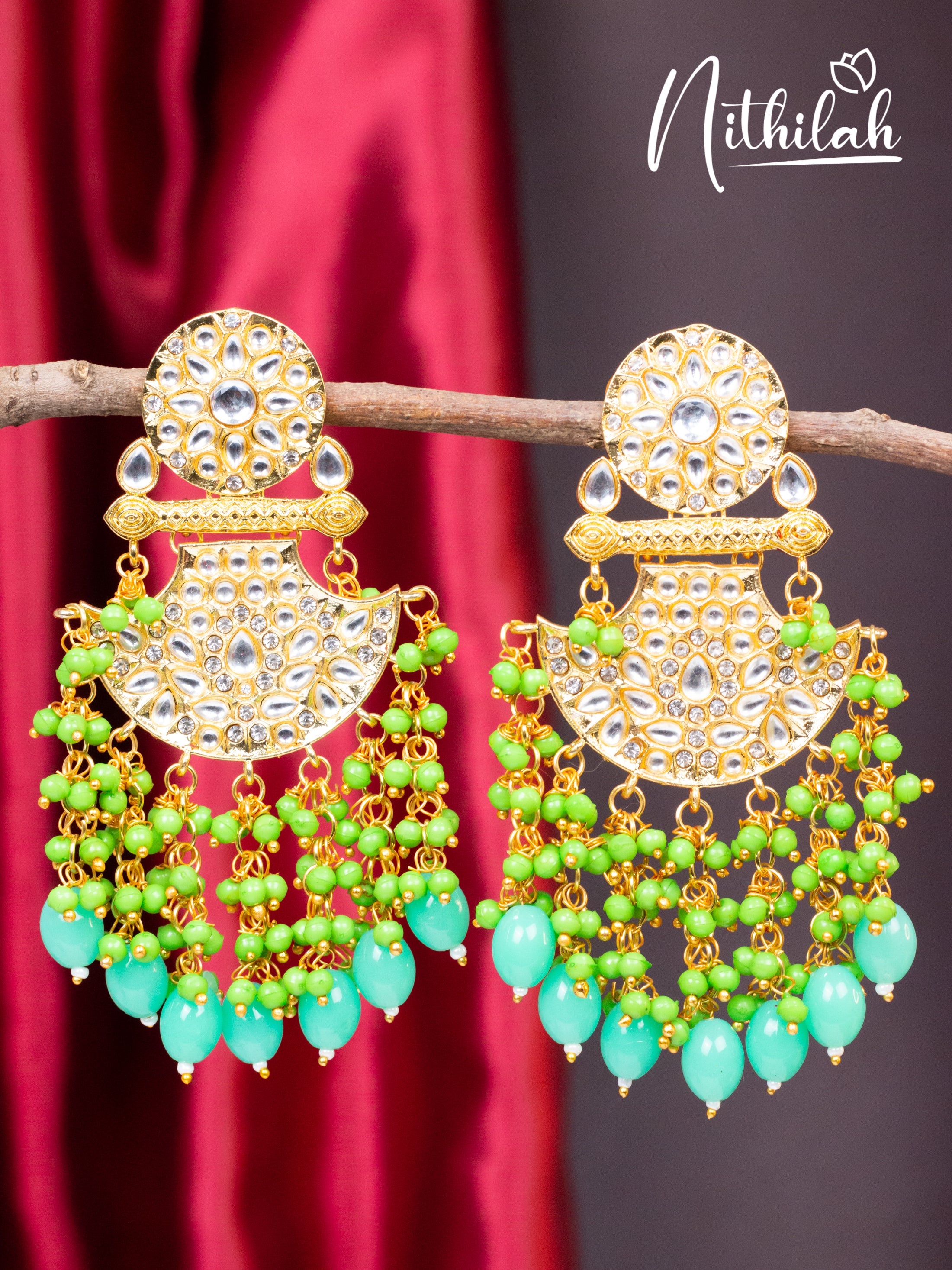 Light Green Beads Kundan Chandelier Earrings N19E141