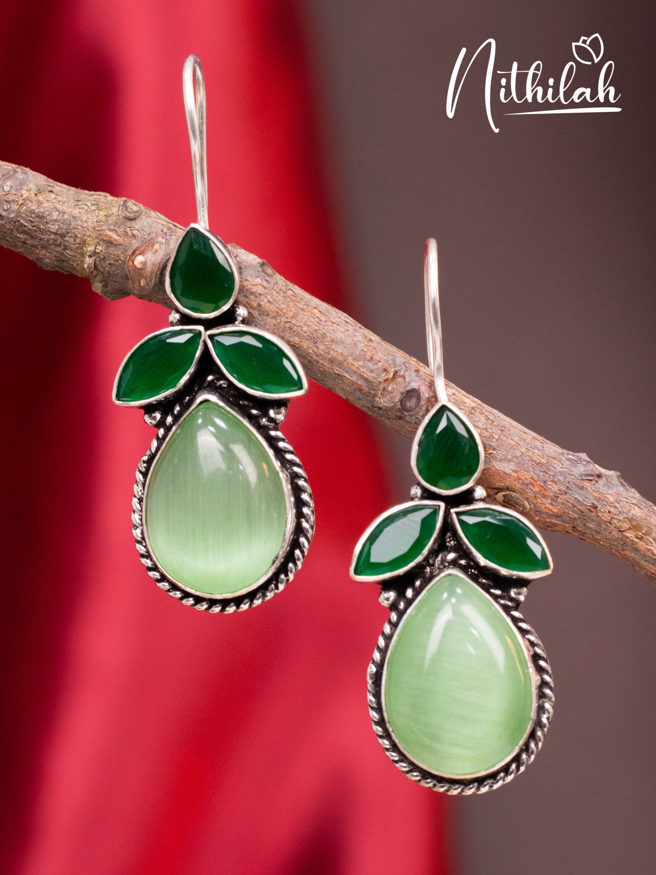 Light Green Hanging Leaf Drops Oxidised Earrings N10E202