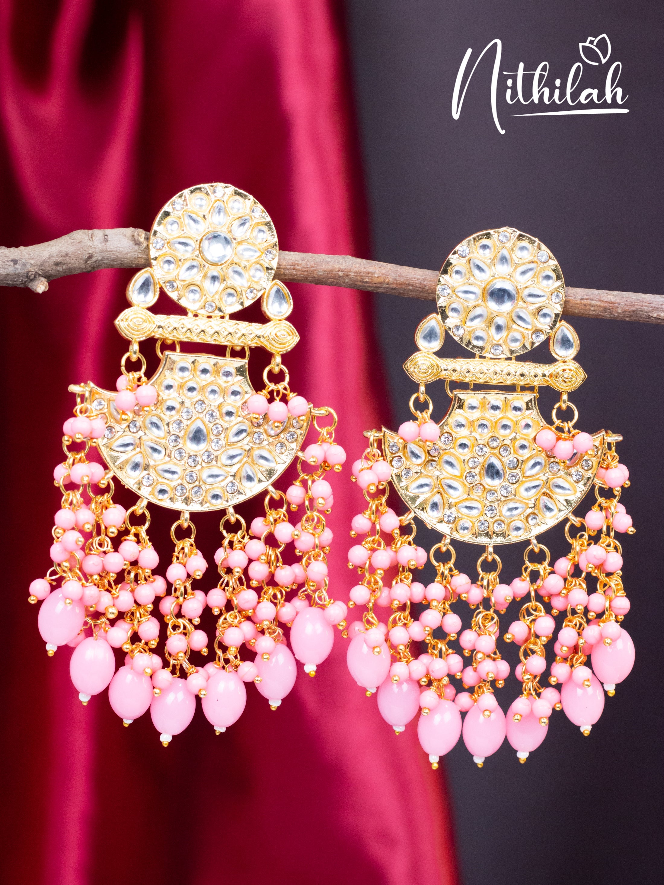 Light Pink Beads Kundan Chandelier Earrings N19E138
