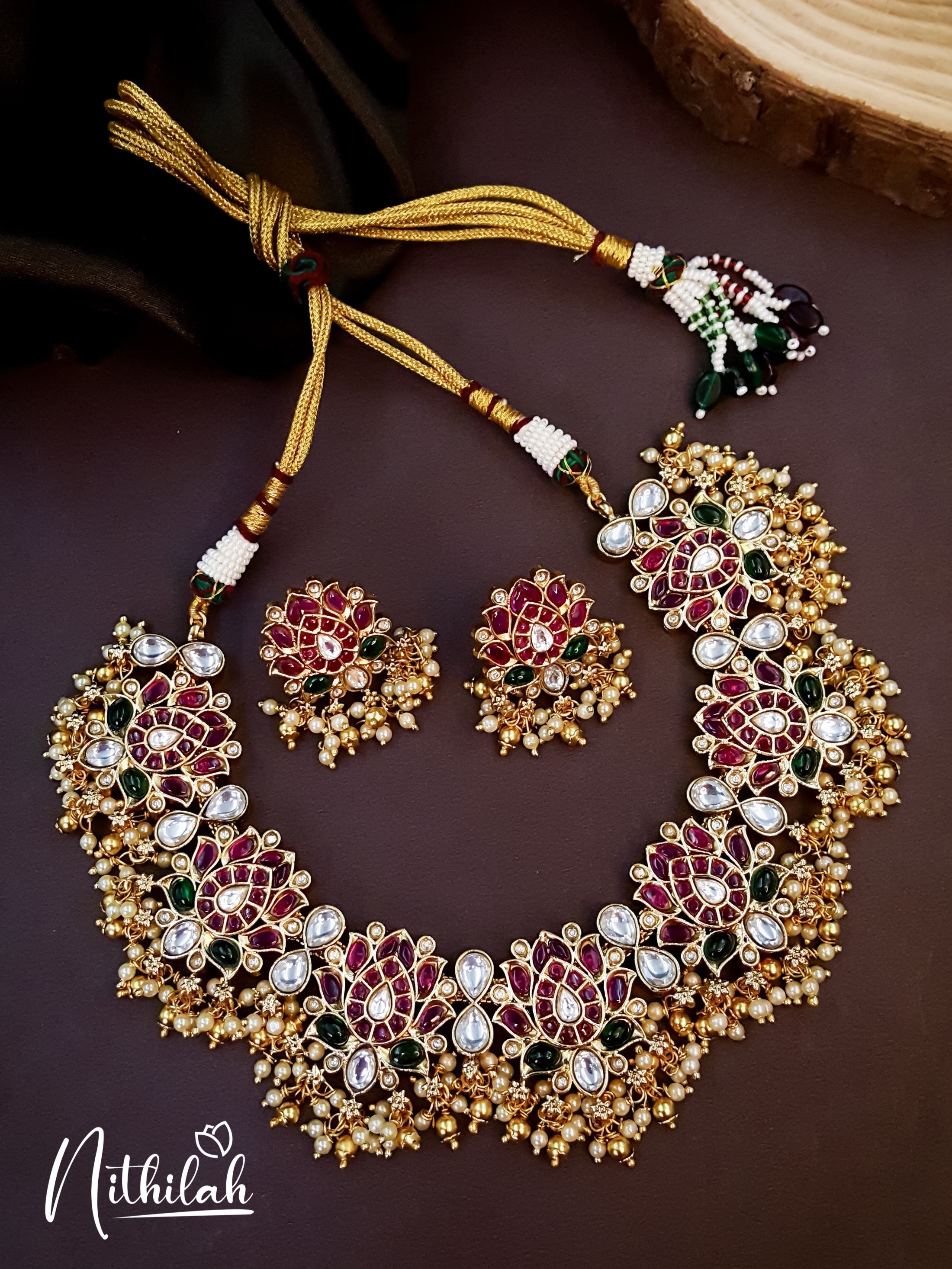 Buy Imitation Jewellery Lotus Guttapusalu Jadau Necklace NAIN111 Online