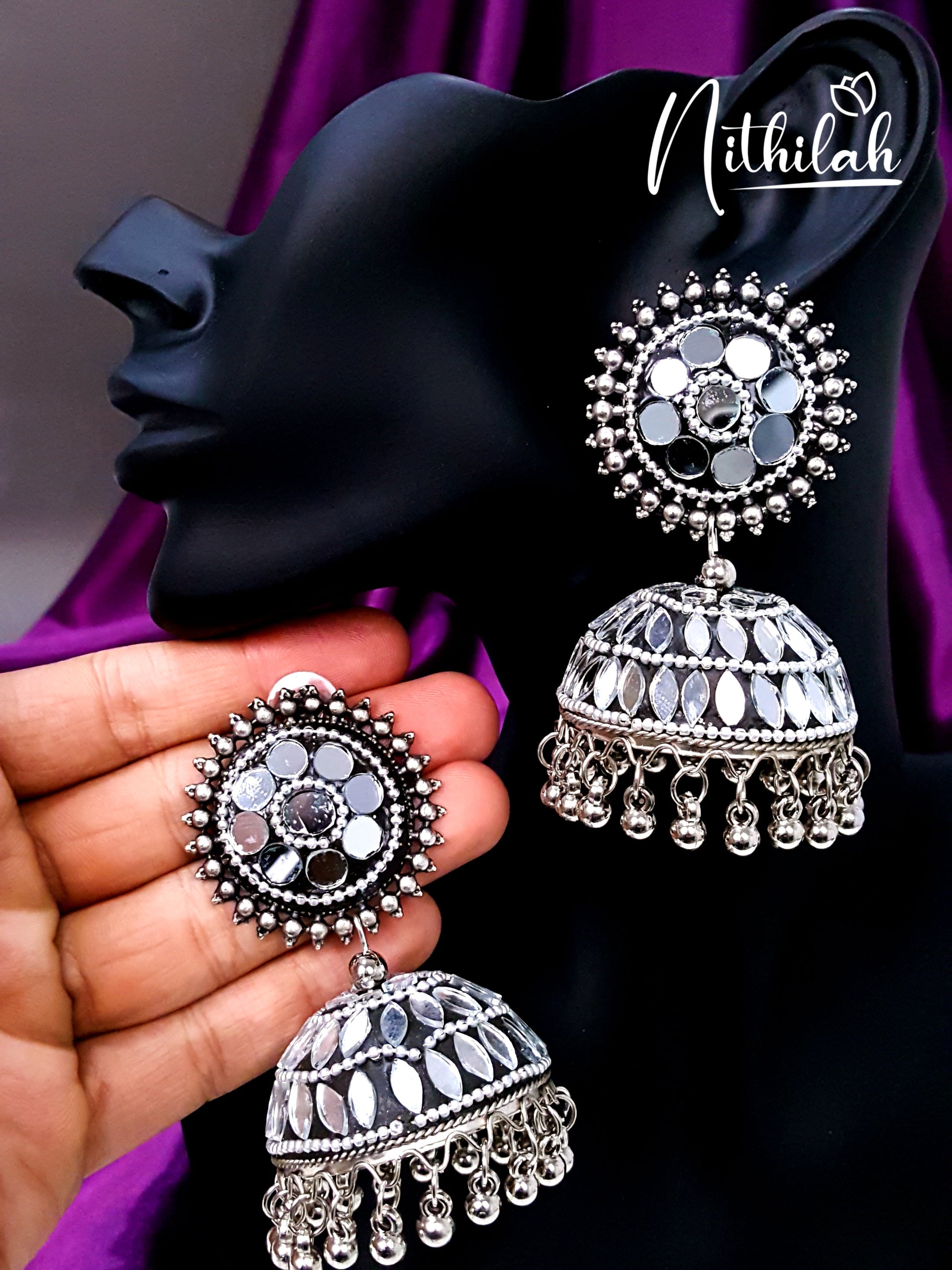 Mirror Jhumka Oxidised Earrings design