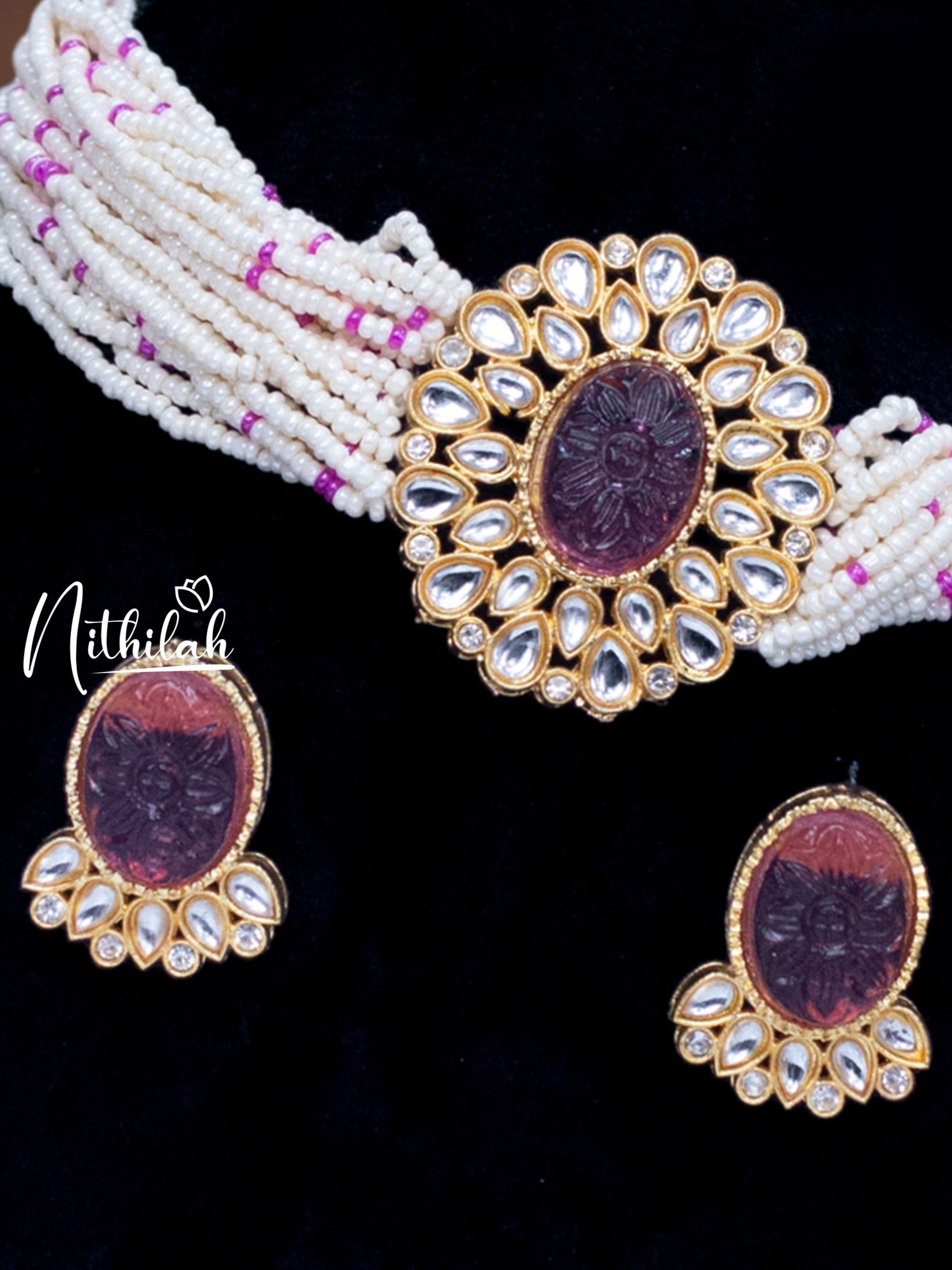 Maroon Center Kundan Beads Choker Necklace