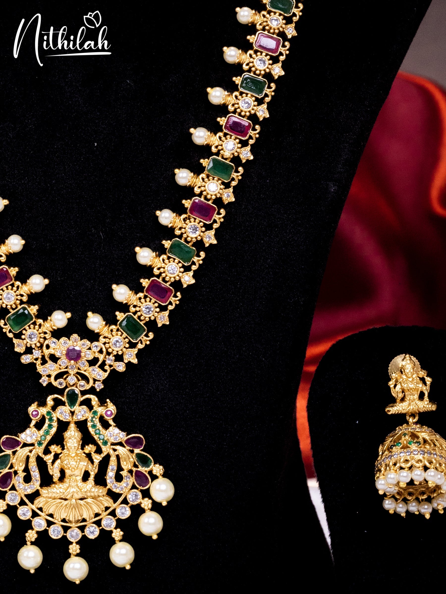 Matte Multistone Lakshmi Haram with Pearls