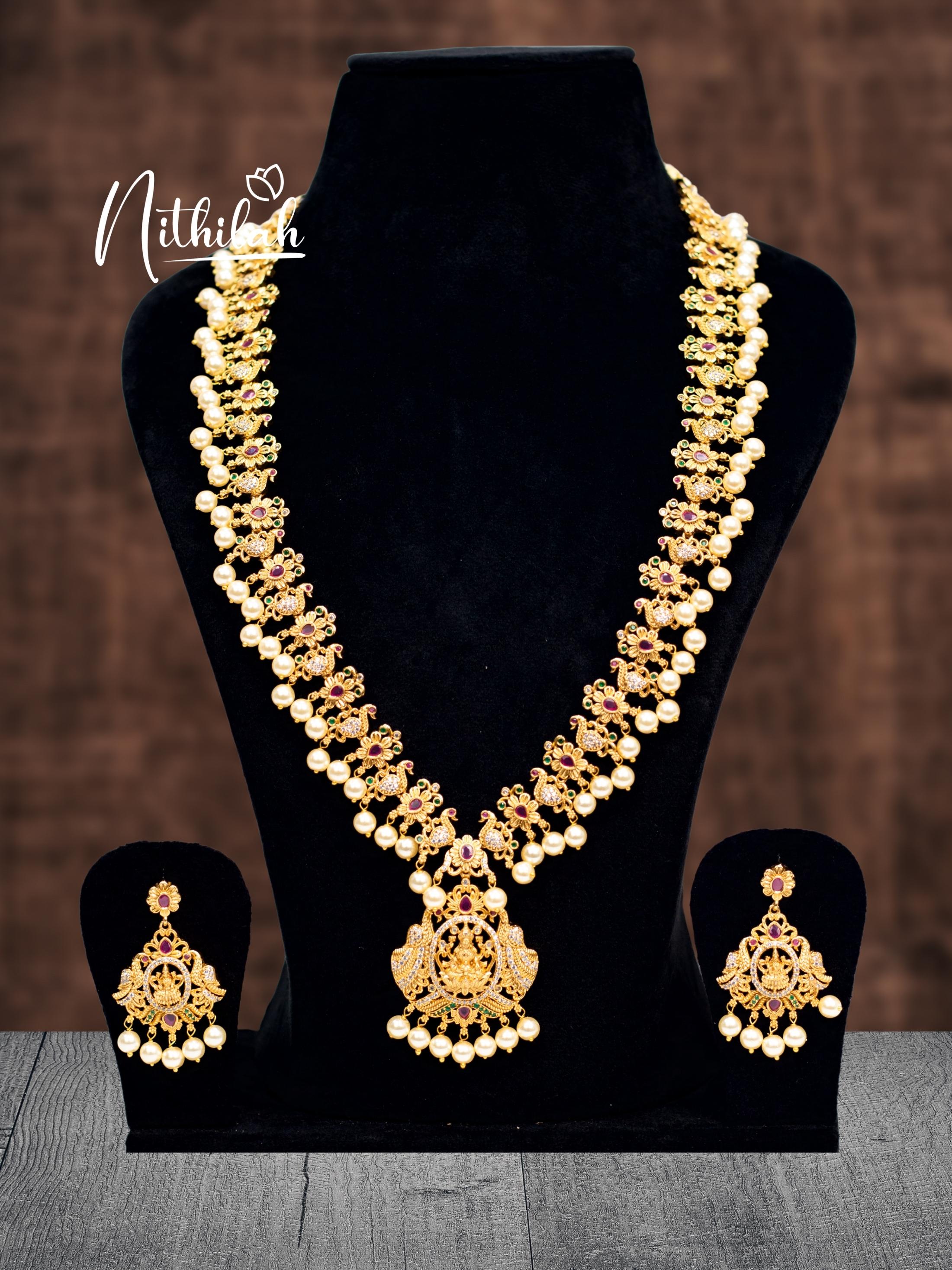 Matte Peacock Lakshmi Haram with Pearls N04H142