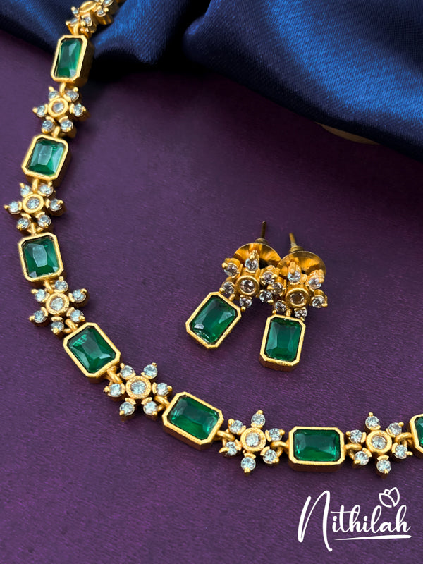 Rectangle Green Stones Flower Matte Finish Necklace N18N196-2