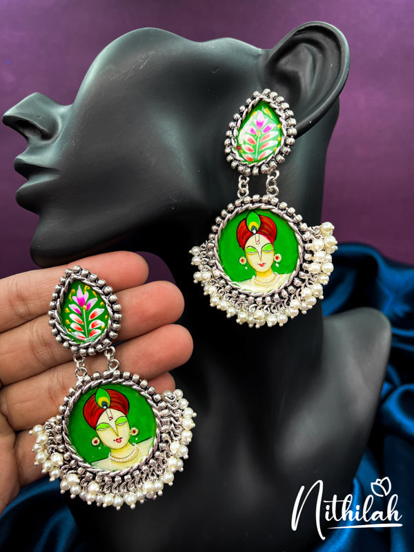 Meenakari Green Krishna Handmade Oxidised Earrings N19E194