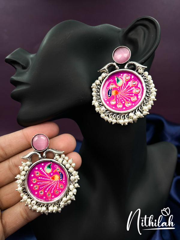 Meenakari Pink Stone Handmade Oxidised Earrings N19E203