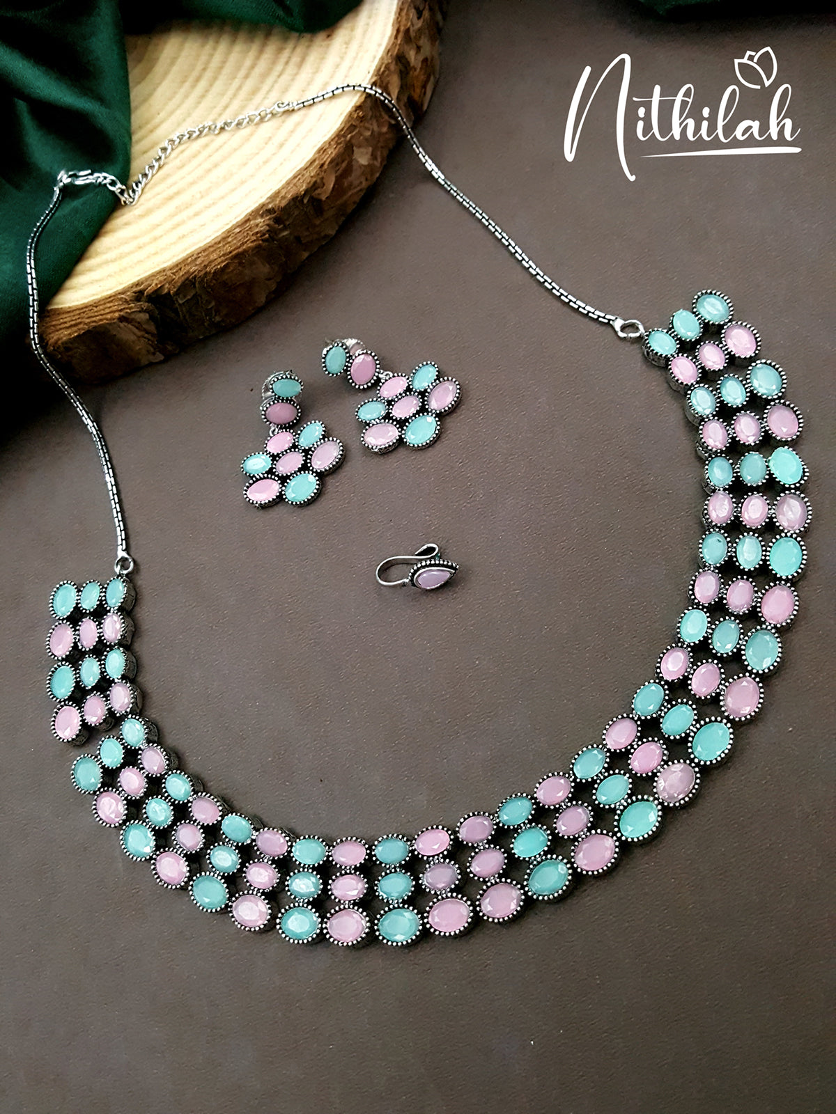 OVAL OXIDISED SILVER NECKLACE - PINK AND MINT N11N134