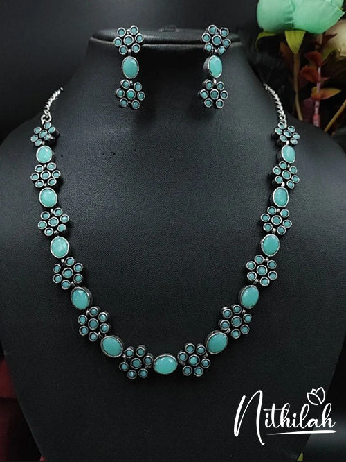 Buy Imitation Jewellery Oval Flower Oxidised Necklace - Light Blue NSKN220 Online