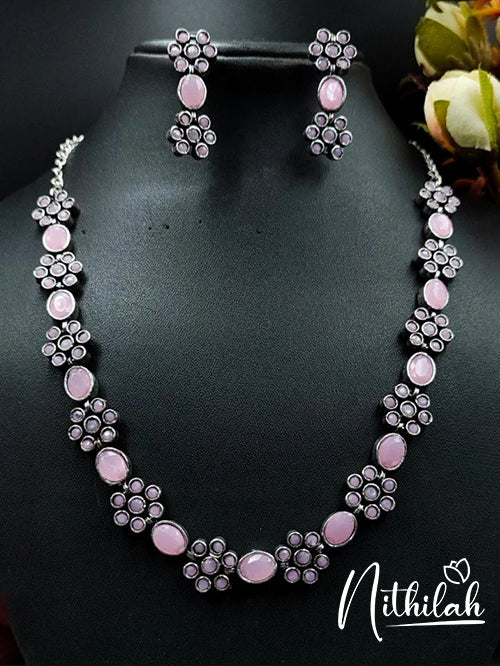 Buy Imitation Jewellery Oval Flower Oxidised Necklace - Pink NSKN219 Online