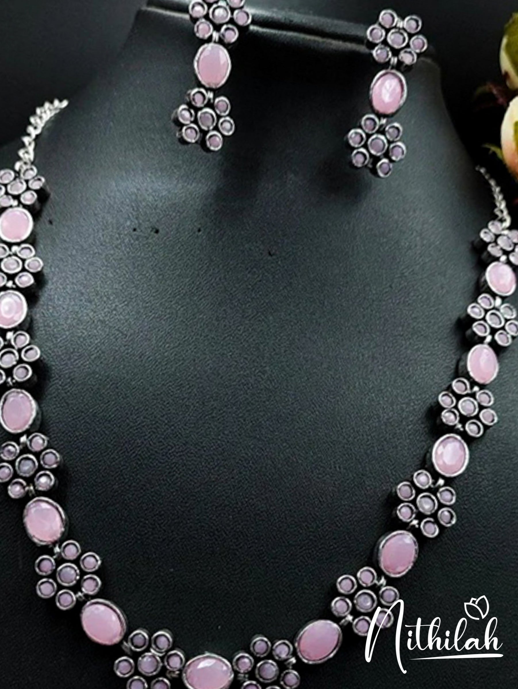 Oval Flower Oxidised Necklace - Pink