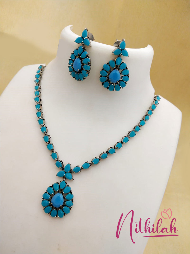 Buy Imitation Jewellery Oxidised Silver Necklace Set -Light Blue NSKN141 Online