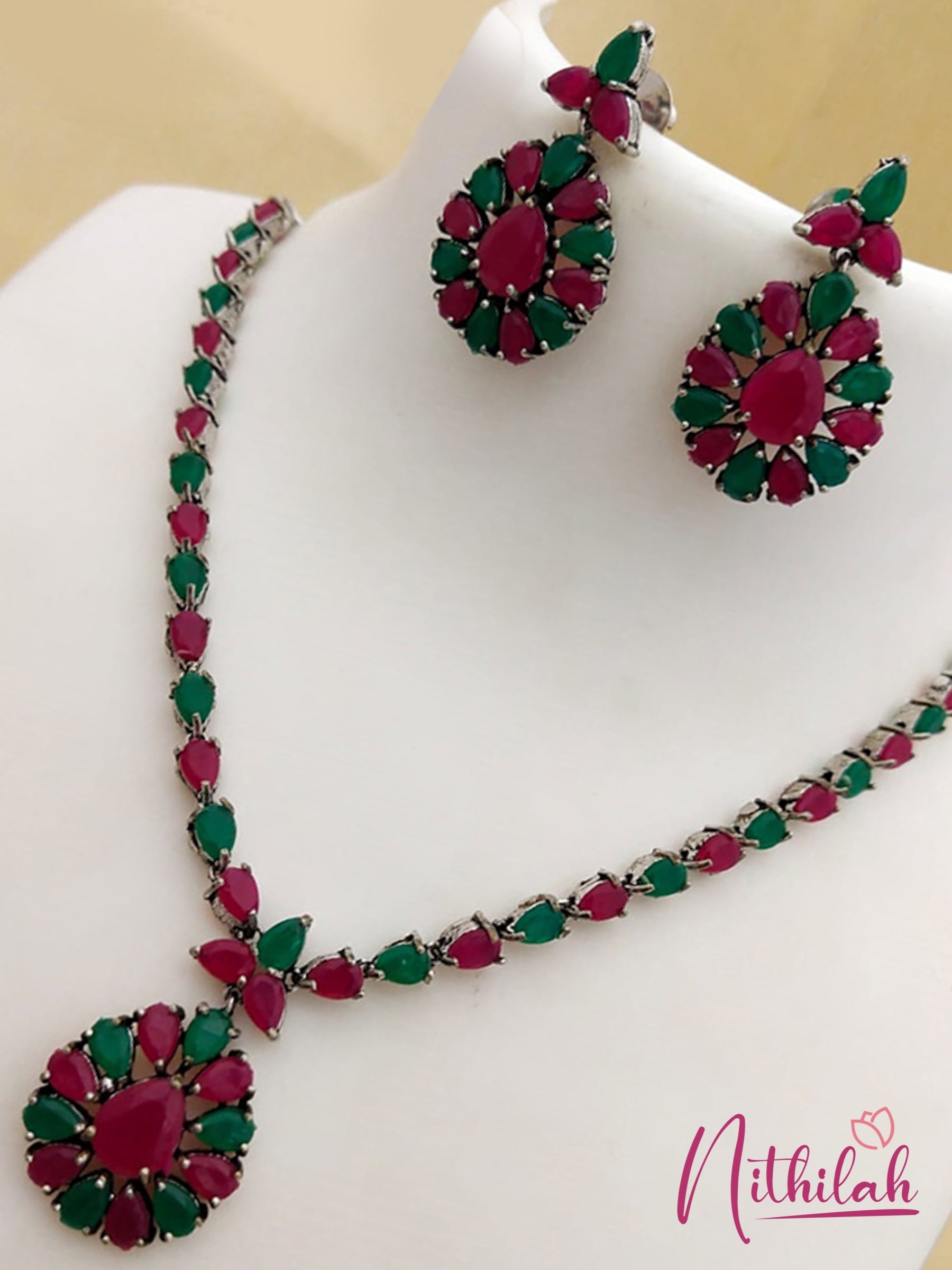 Oxidised Silver Necklace Set -Red Green