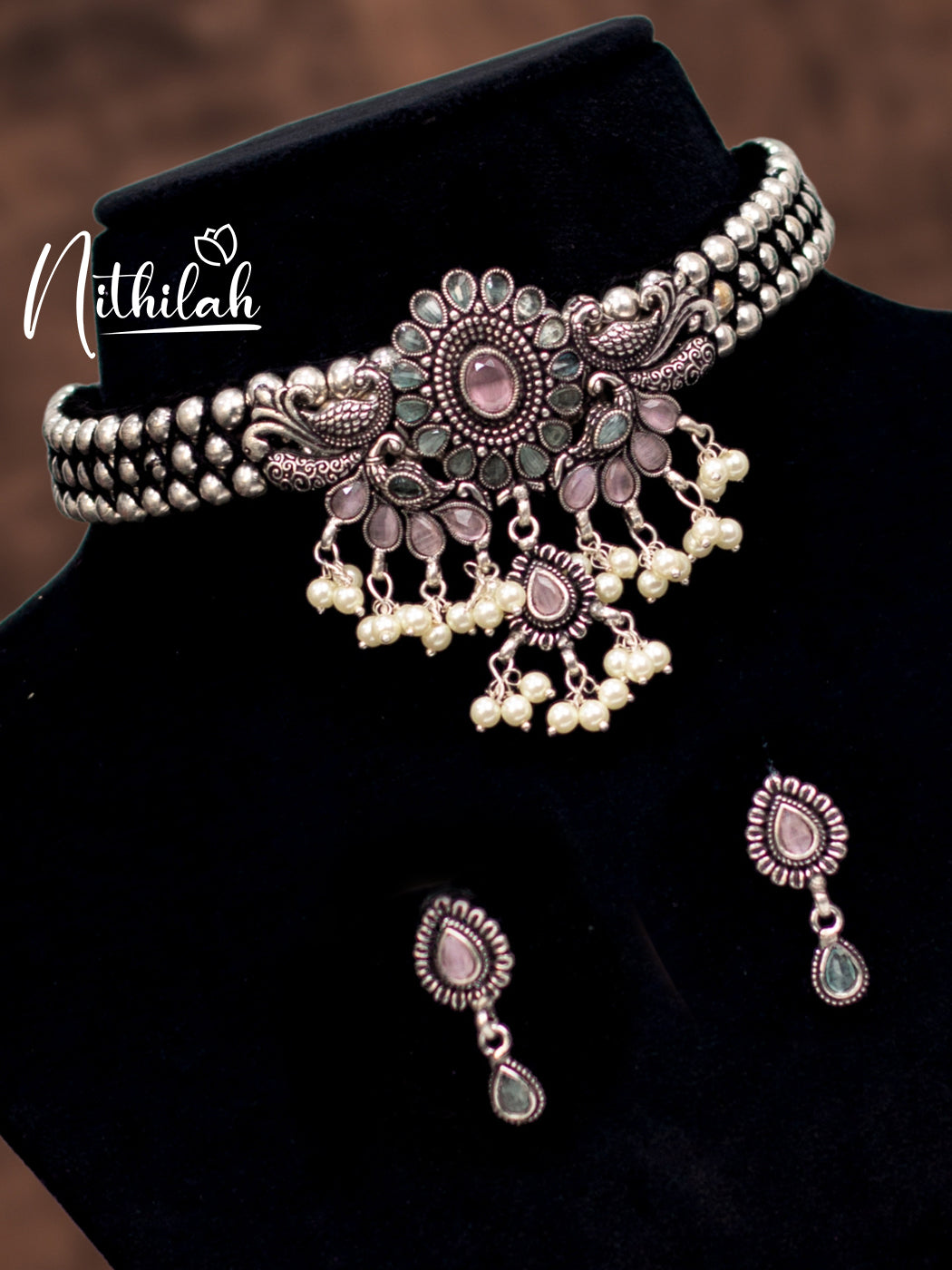 Oxidised Thushi Peacock Choker necklace with pearls N17C115