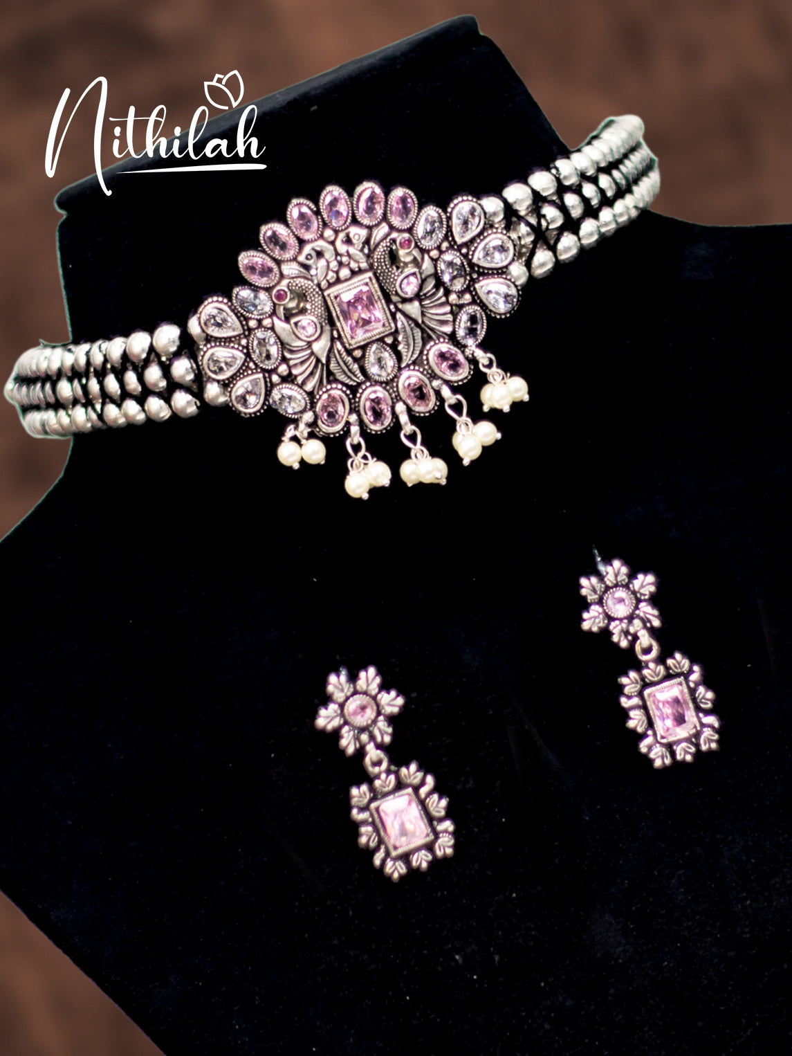 Oxidised Thushi Pink stone Choker necklace with pearls N17C114