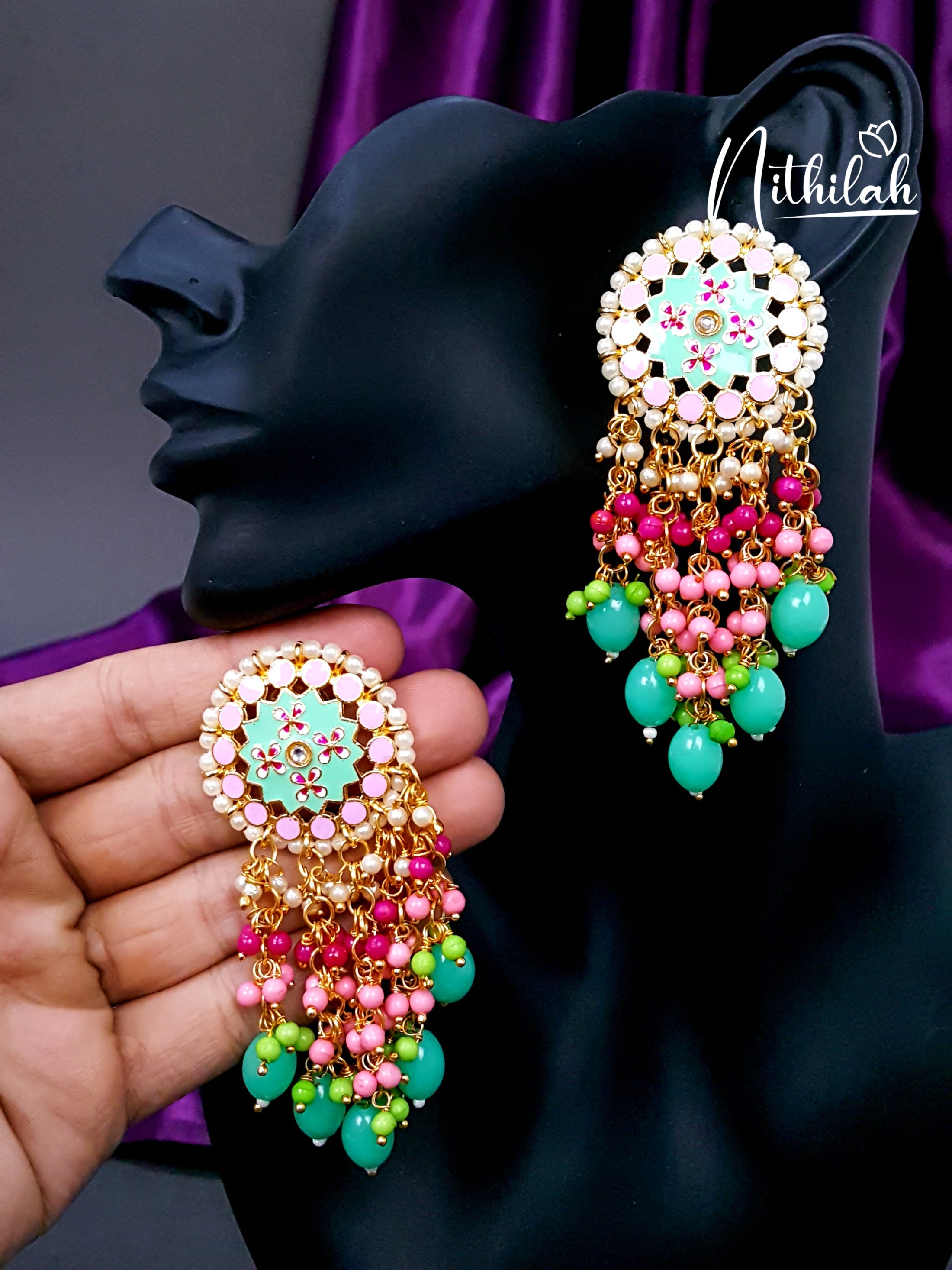 Pink and Mint Meenakari Chandelier Earrings