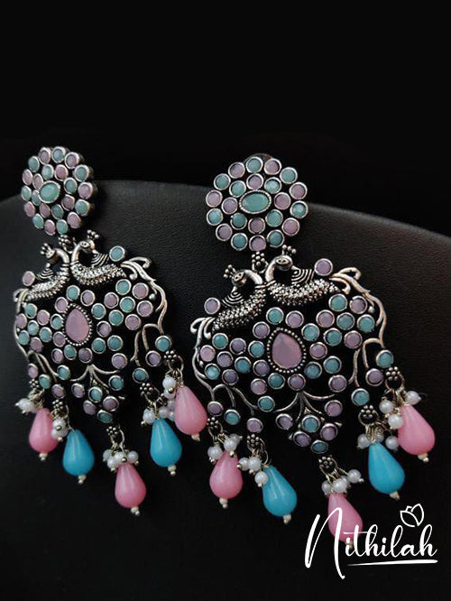 Buy Imitation Jewellery Peacock Color Pop Oxidised Earrings - Blue Pink NDCE104 Online