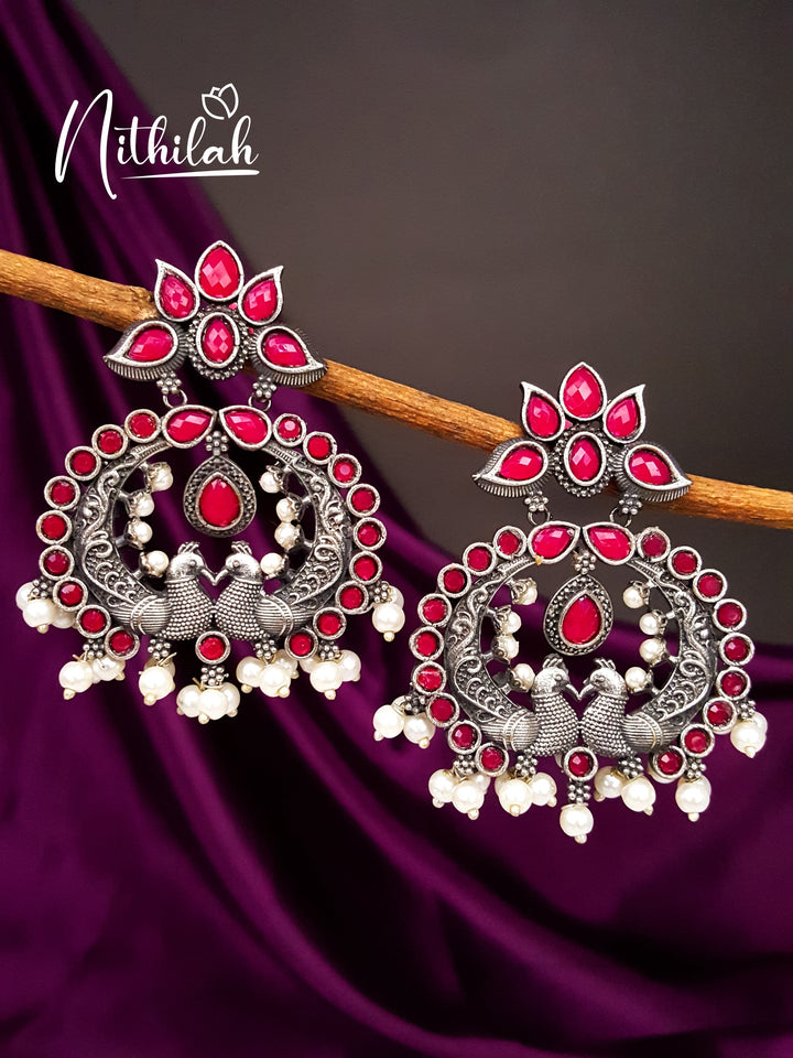Red - Saanjh Bela Peacock Chandbali Oxidised Earrings