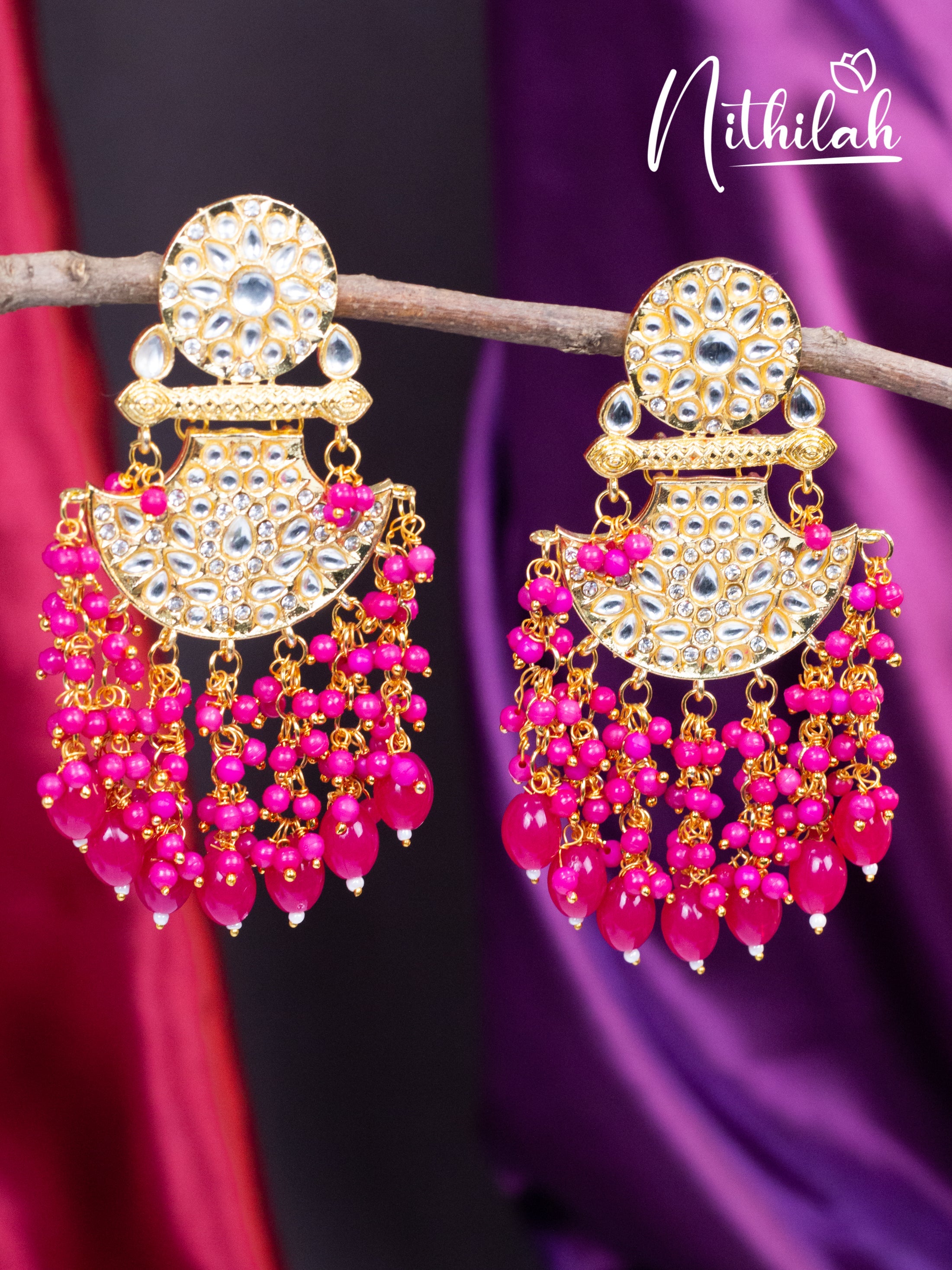 Pink Beads Kundan Chandelier Earrings N19E137