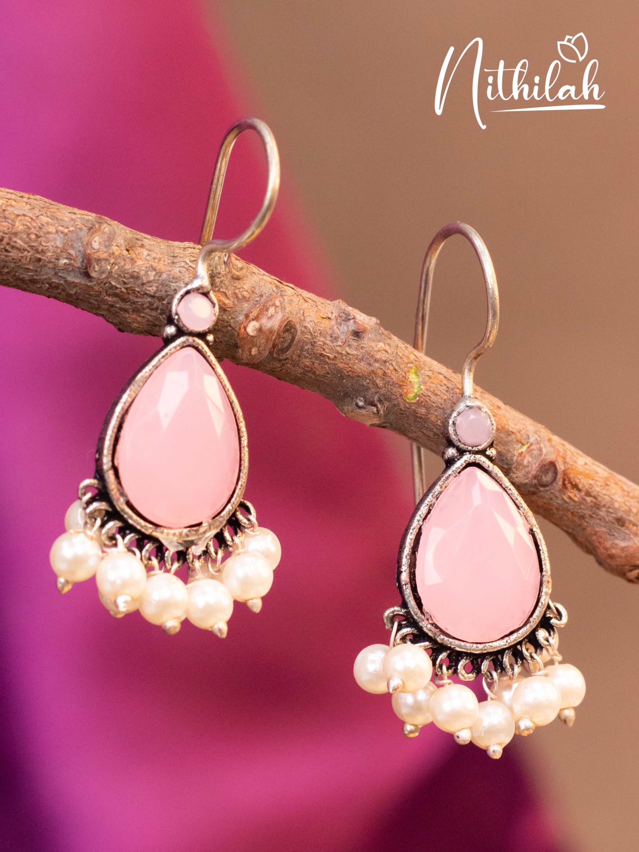 Pink Drops Hanging Oxidised Earrings N19E146