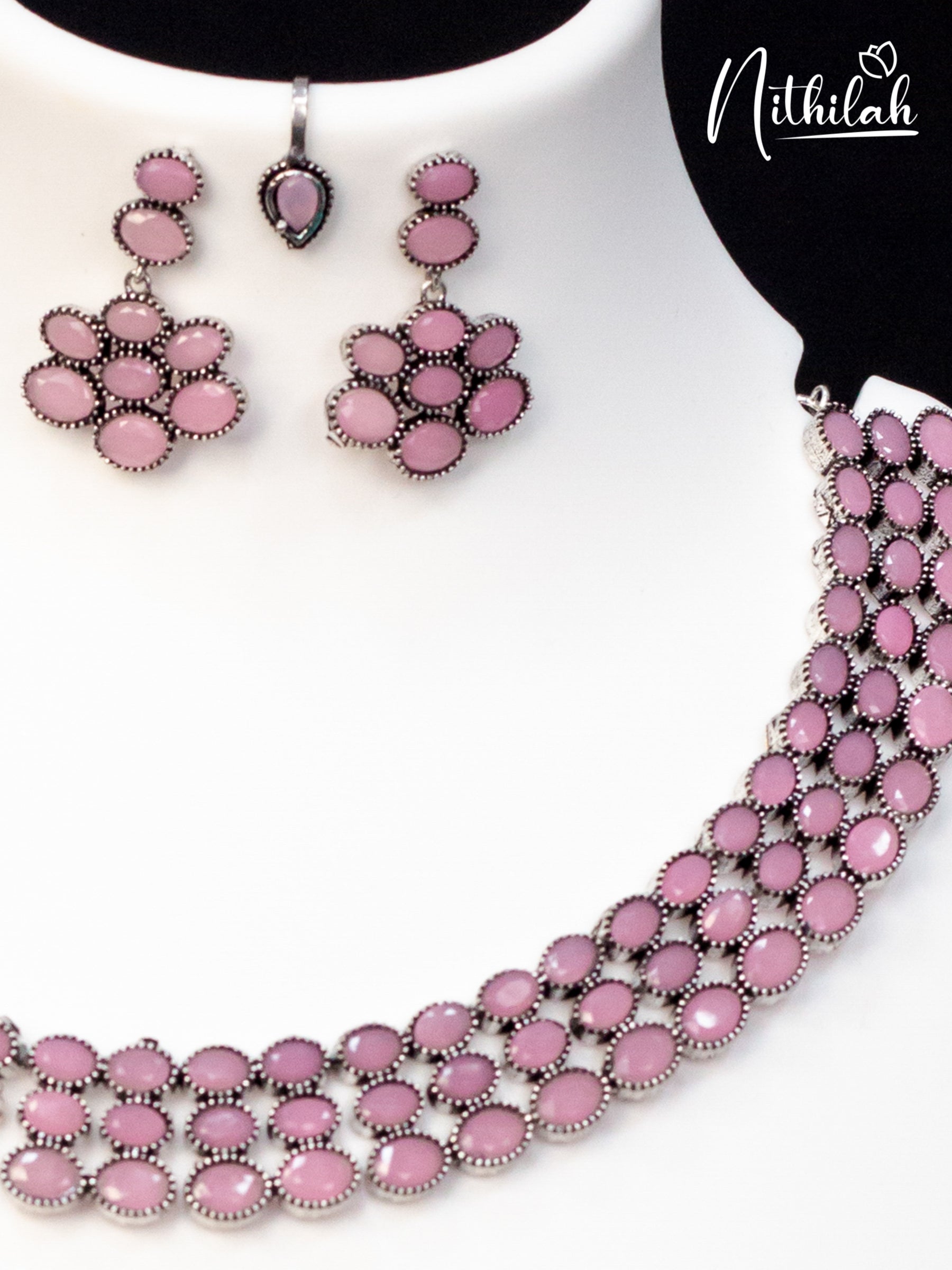 Pink Oval Stones Oxidised Necklace