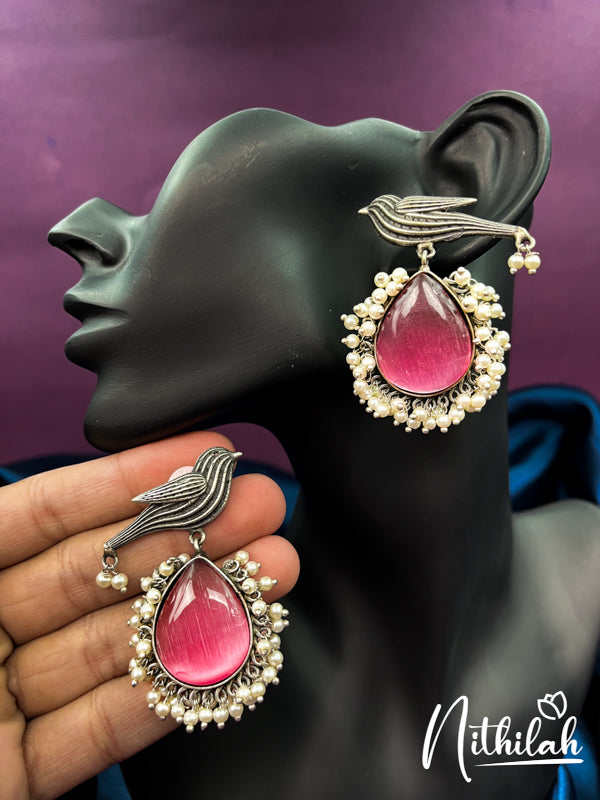 Bird Guttapusalu Oxidised Pink Stone Earrings N19E206