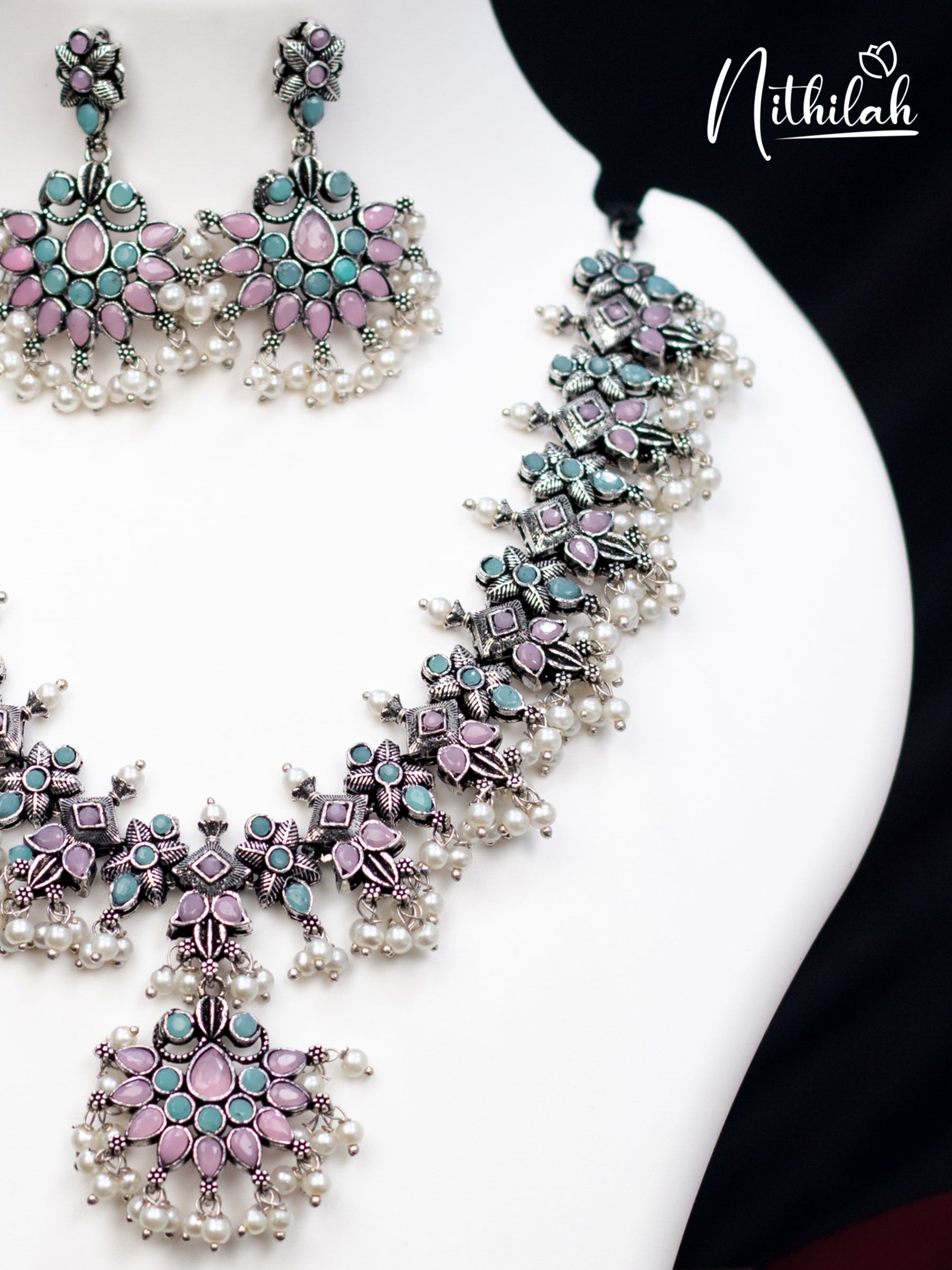 Pink and Mint Guttapusalu Oxidised Necklace