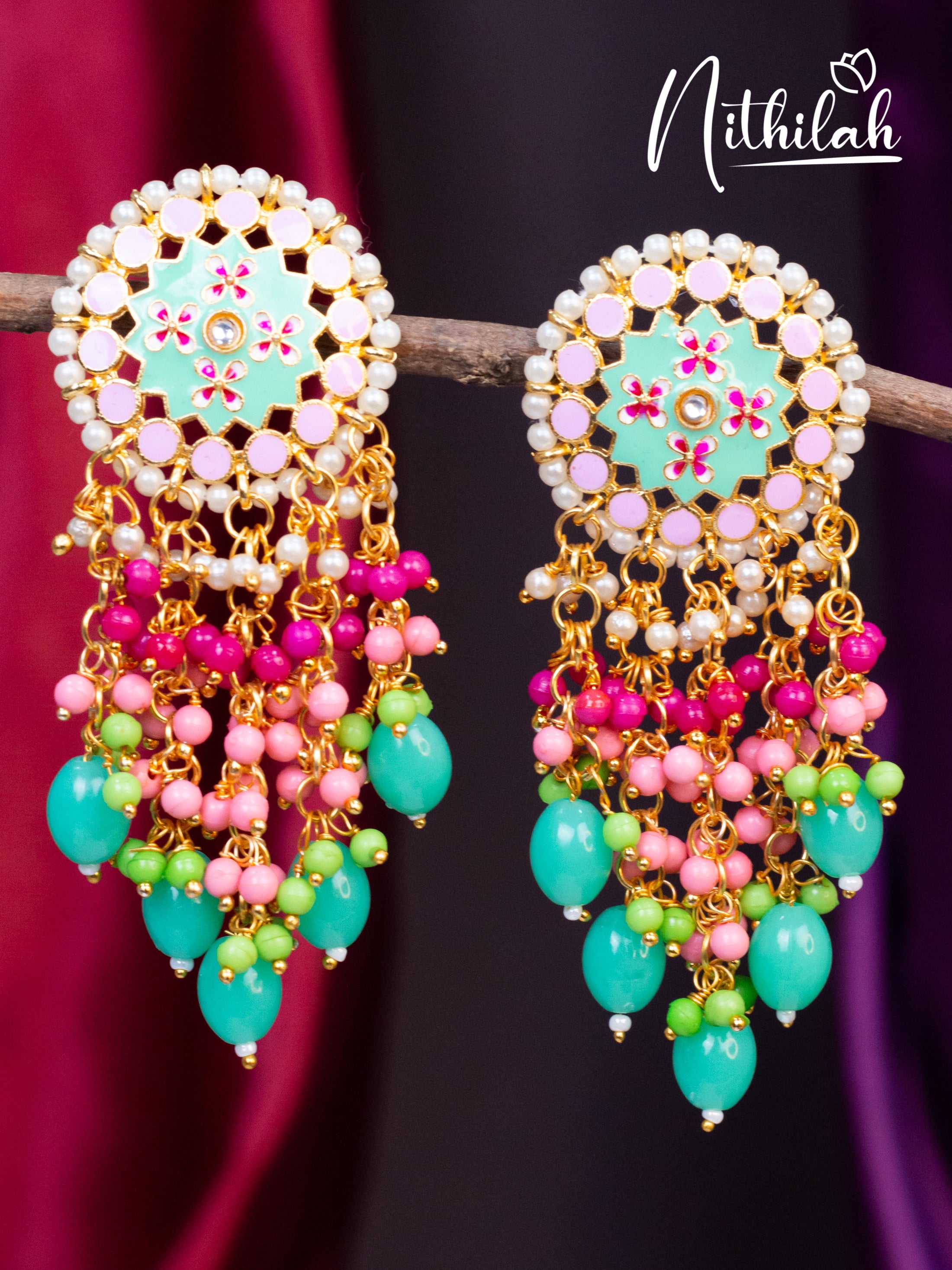 Pink and Mint Meenakari Chandelier Earrings N19E117