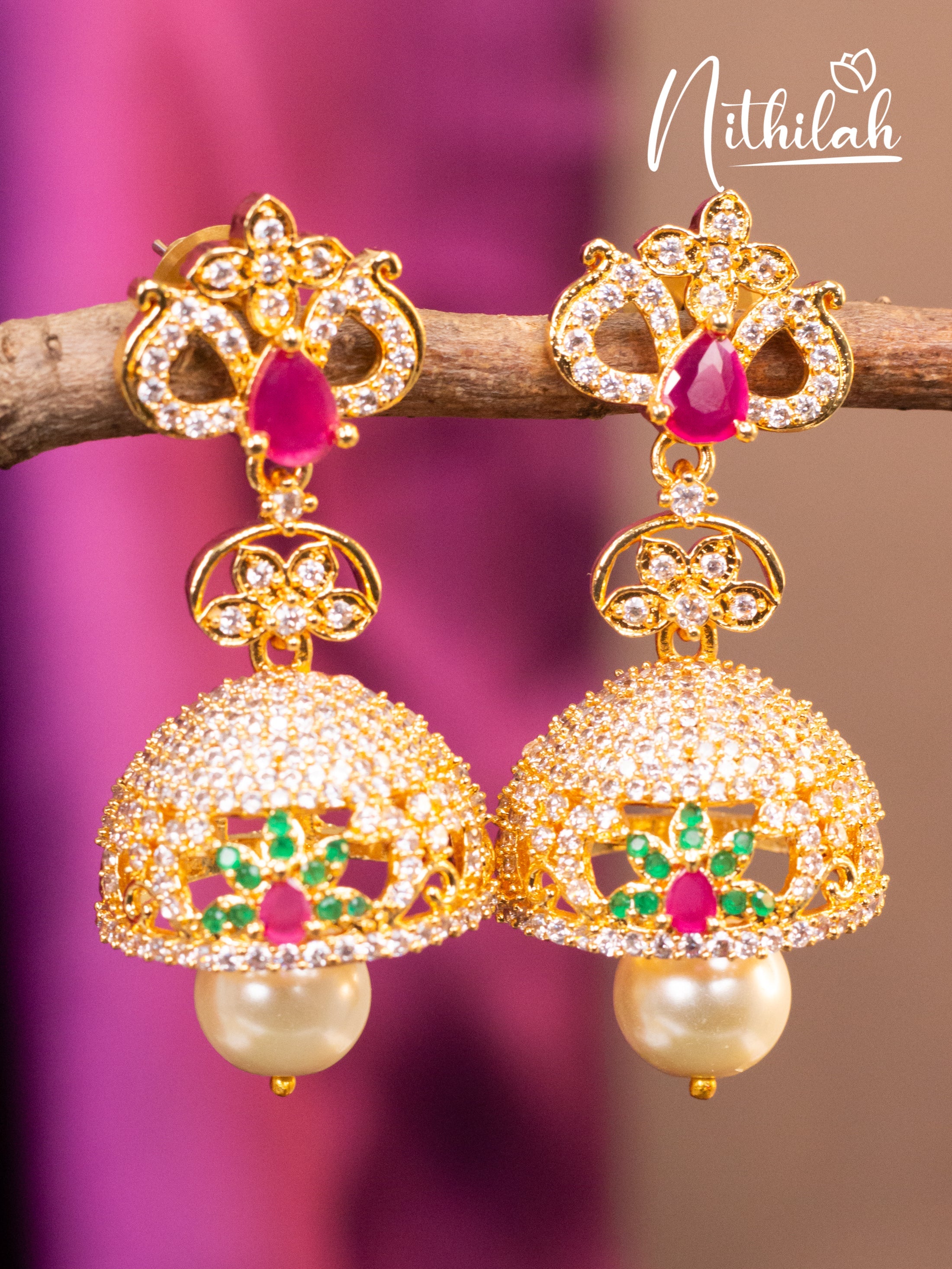 E0779 Exclusive Dual Colour Red Green Temple Gold Design Jewellery Online  Jhumka Earrings | JewelSmart.in