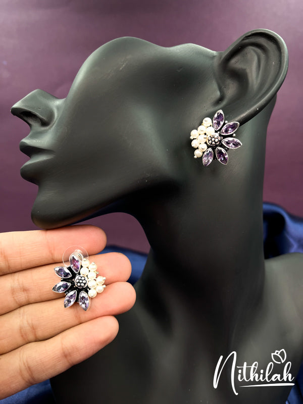 Purple Stones and Side Pearls Oxidised Stud N17E147