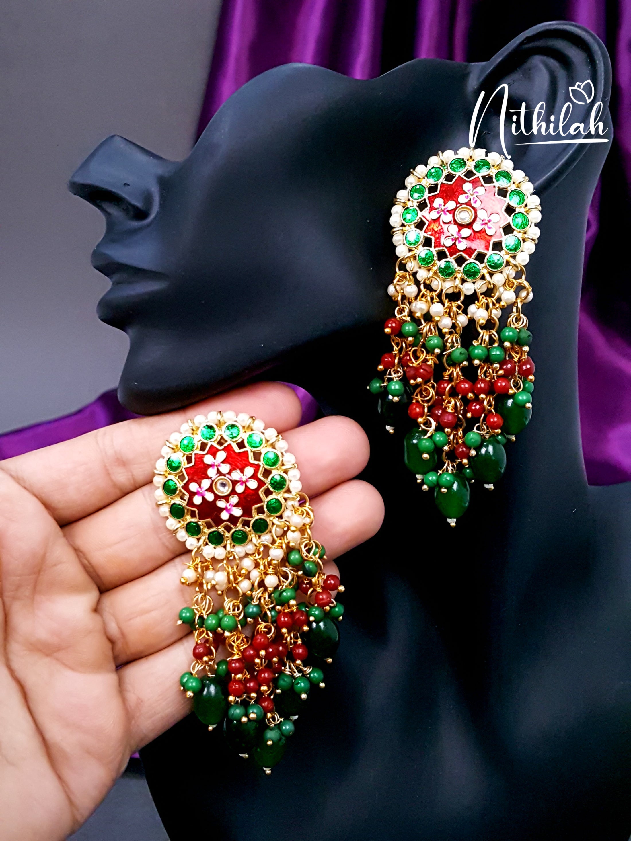 Red and Green Meenakari Chandelier Earrings