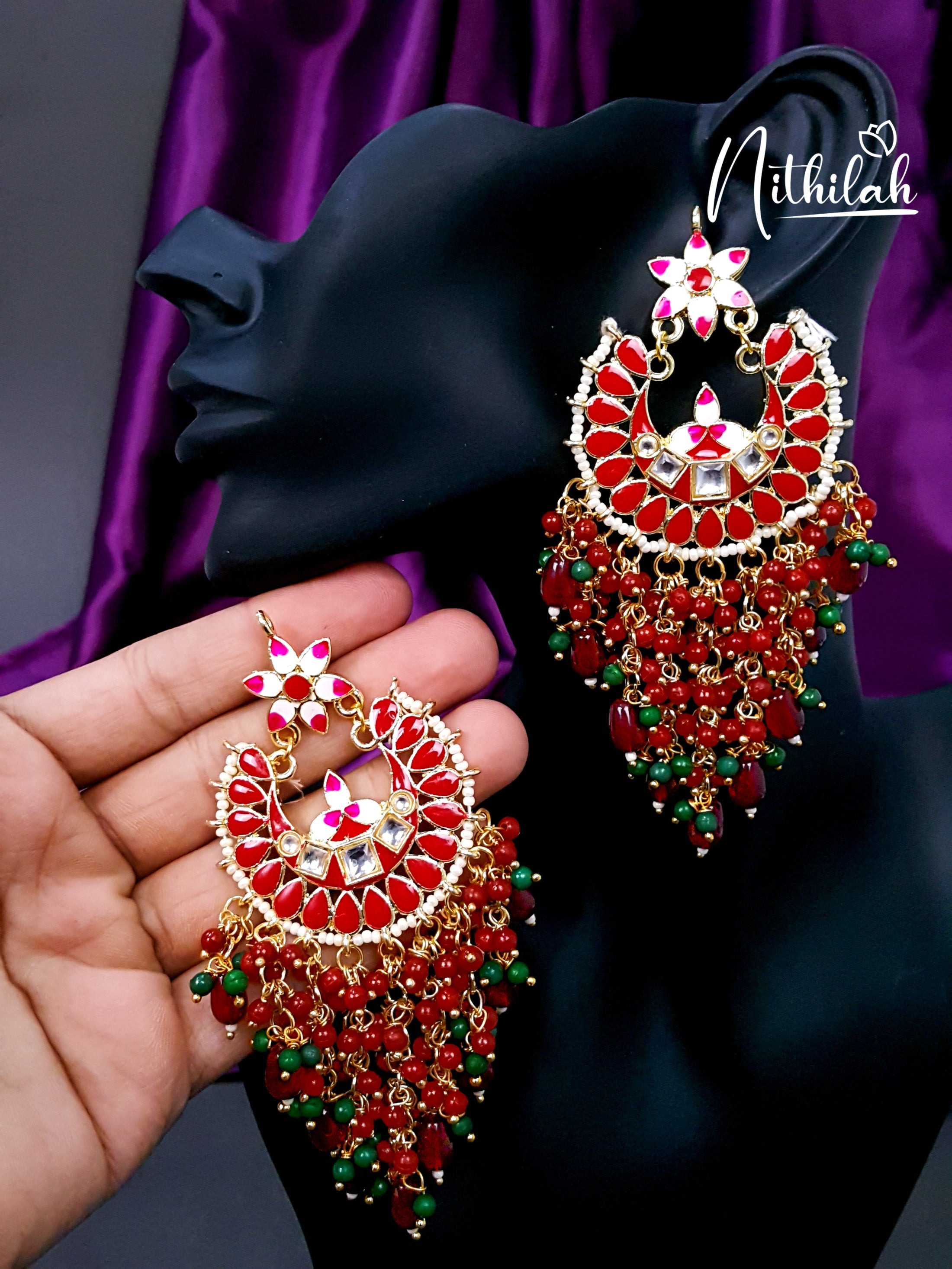 Red Meenakari Chandbali Chandelier Earrings