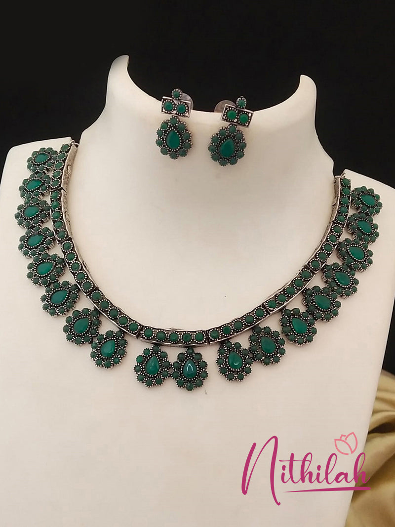 Buy Imitation Jewellery Raindrops Oxidised Silver Necklace - Green NSKN156 Online