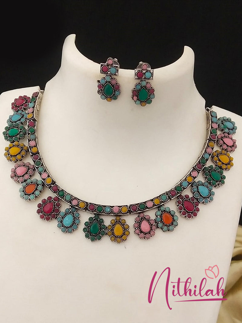 Buy Imitation Jewellery Raindrops Oxidised Silver Necklace - Multi NSKN155 Online