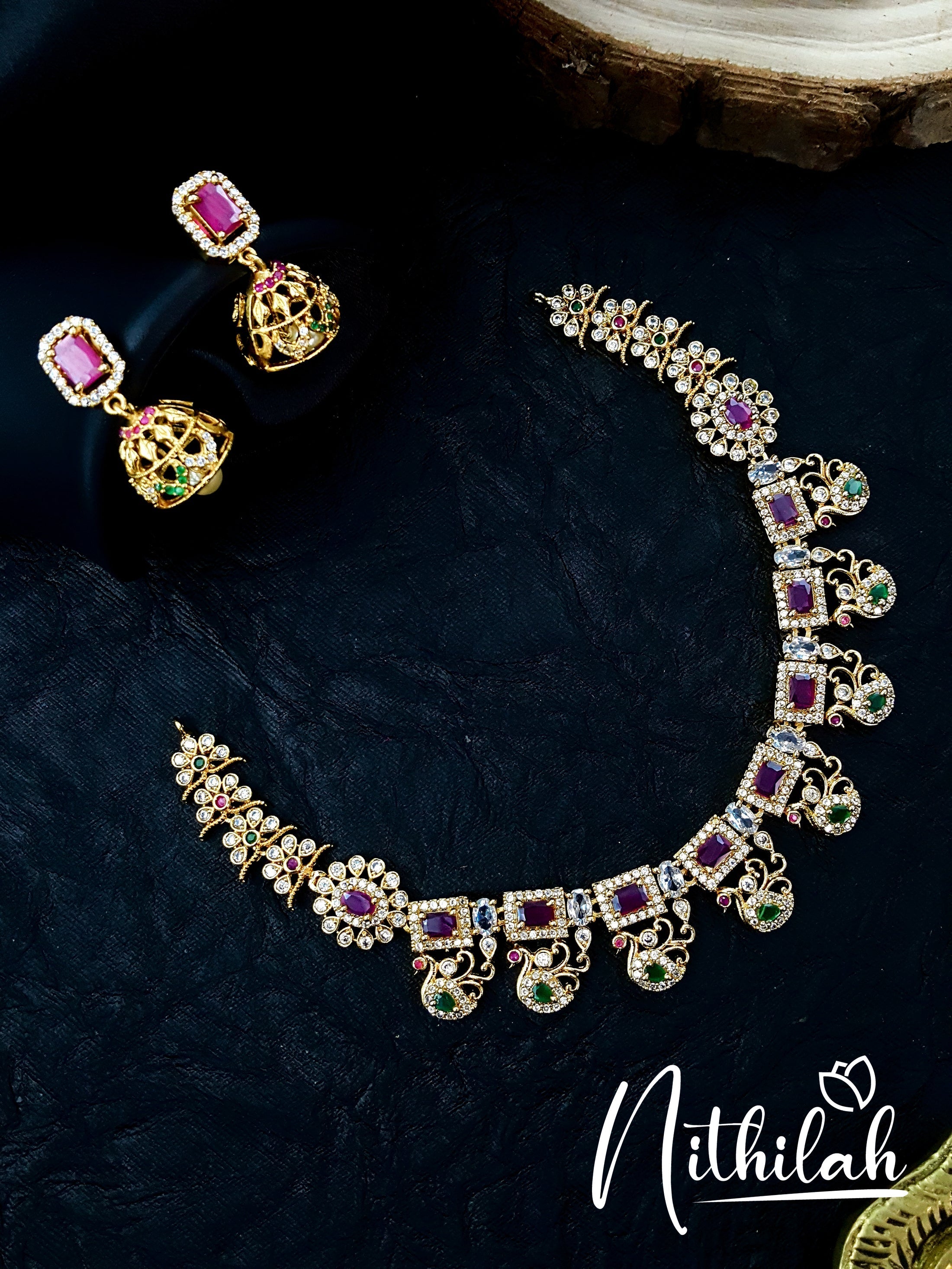Buy Imitation Jewellery Rectangle Stones American Diamond Necklace Set NMSN110 Online