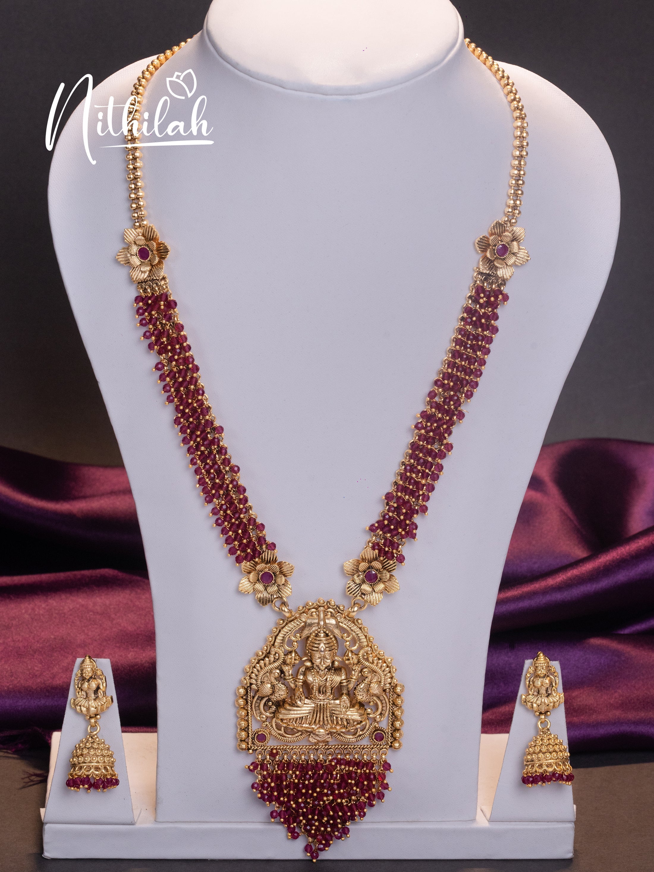 Buy Imitation Jewellery Red Crystal Beads Temple Lakshmi Haram NZAH110 Online