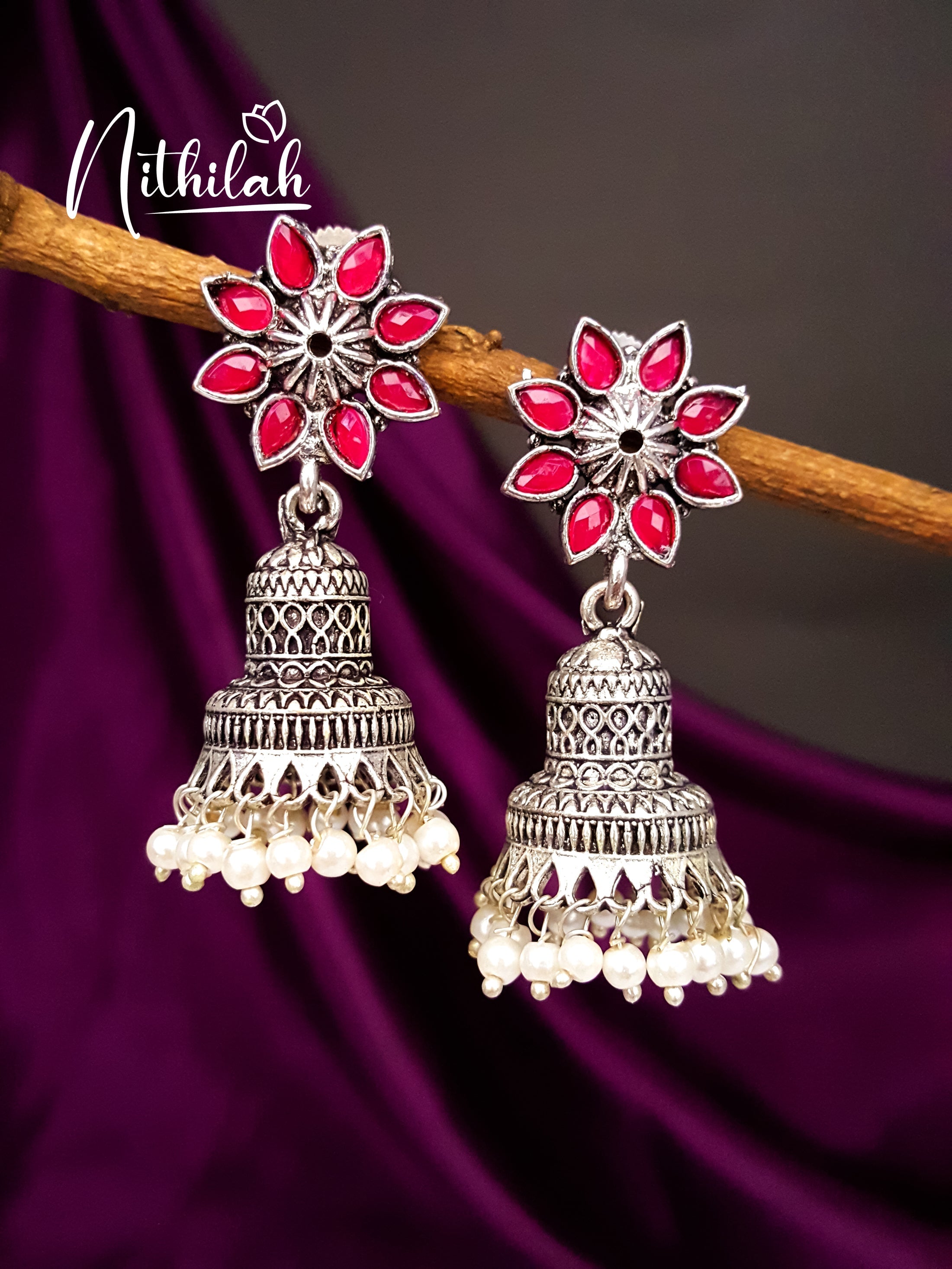 Buy Imitation Jewellery Red Daisy Oxidised Jhumka Earrings NMAE107 Online