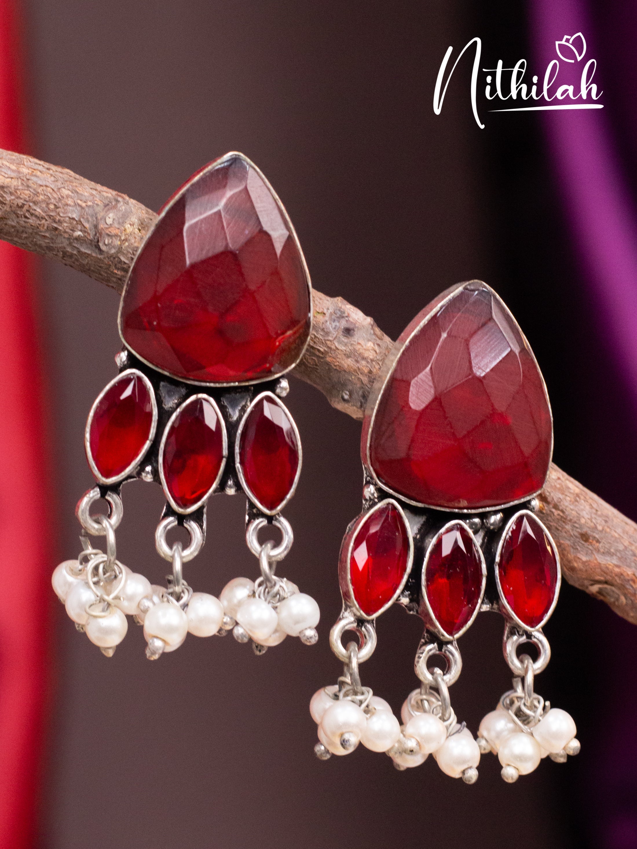 Red Triangle Stone Oxidised Earrings N10E207
