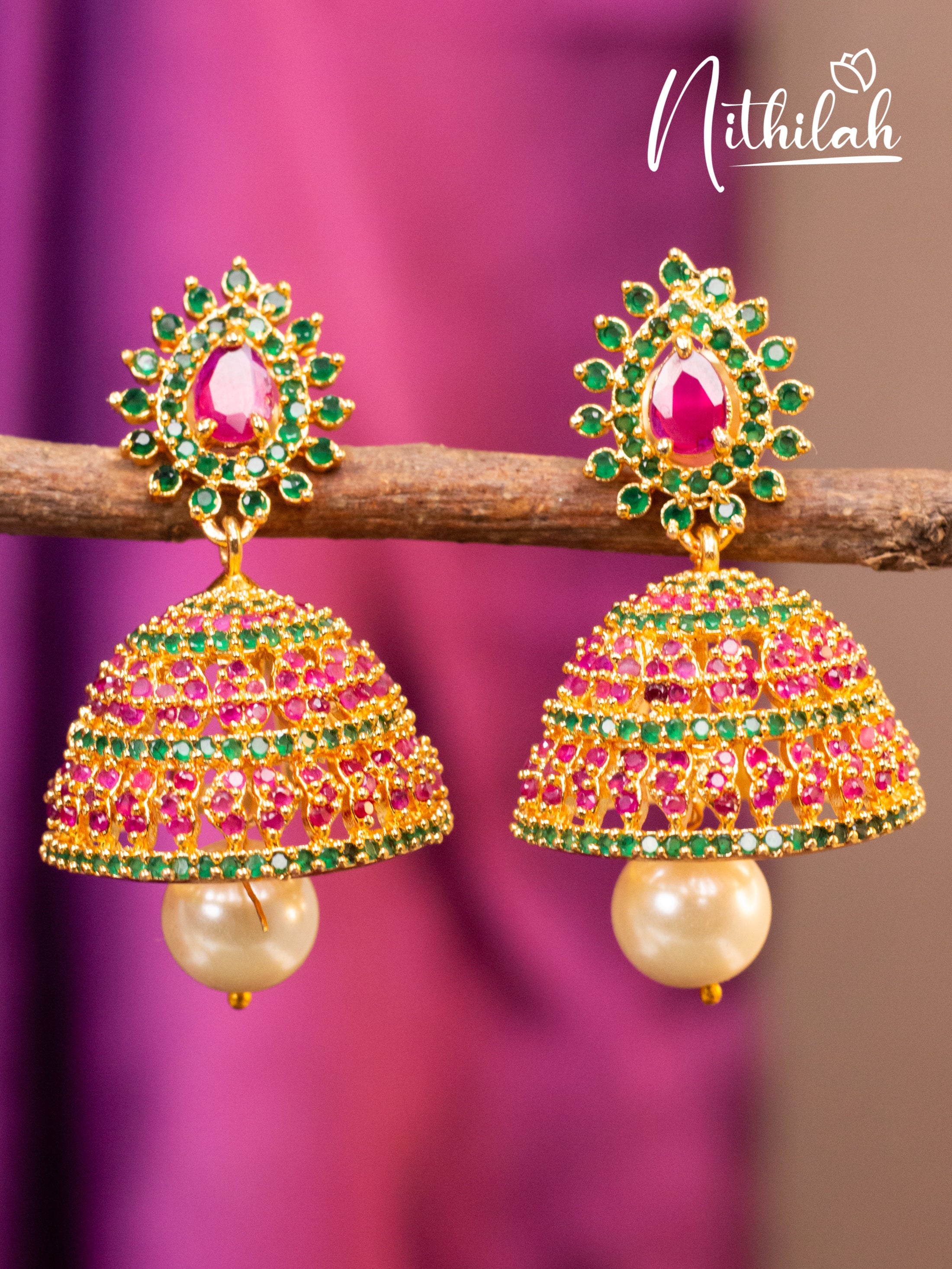 Red and Green AD stones Jhumka Earrings N07E123