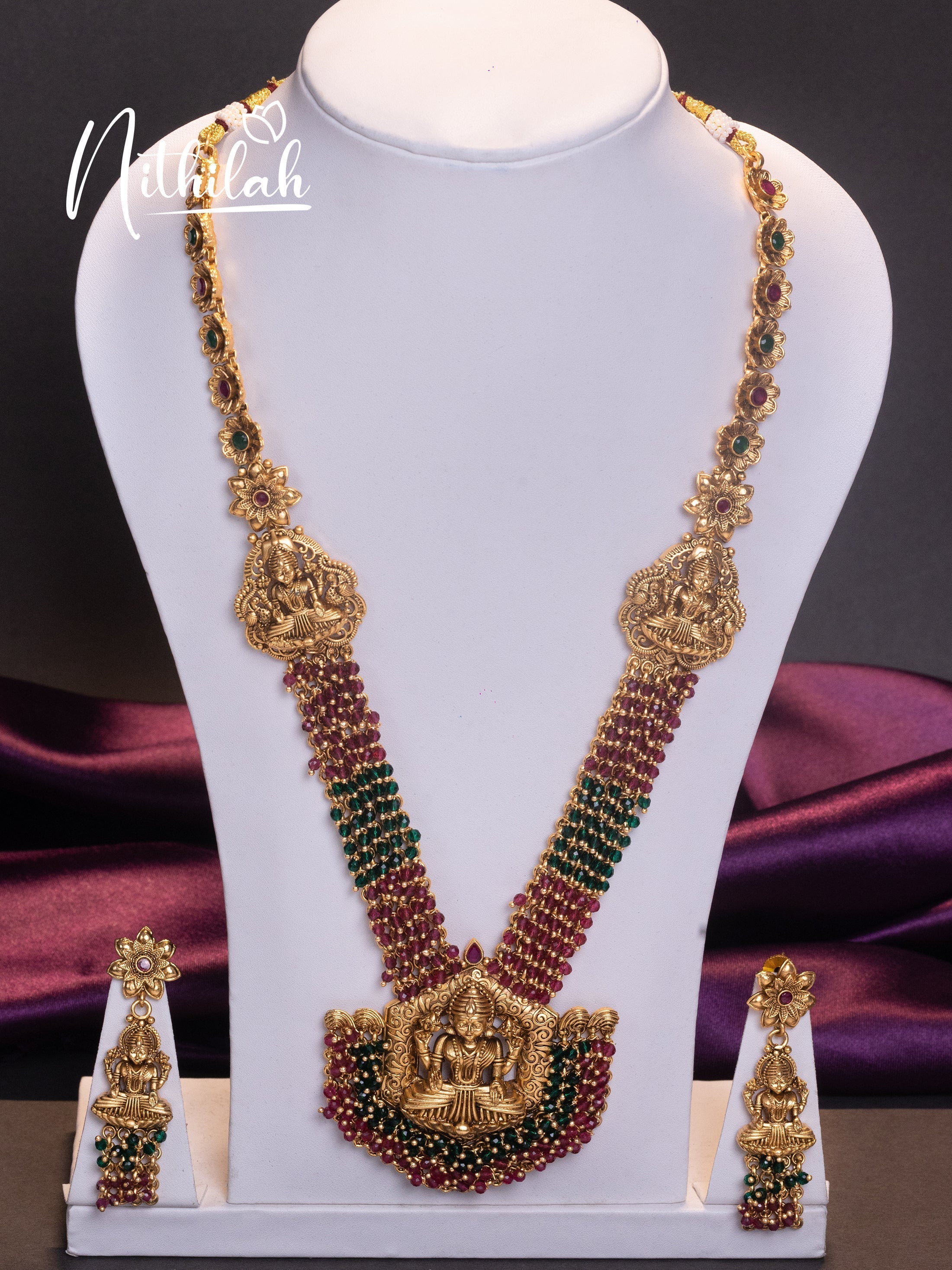 Buy Imitation Jewellery Red and Green Crystal Beads Flower Lakshmi Haram NZAH118 Online