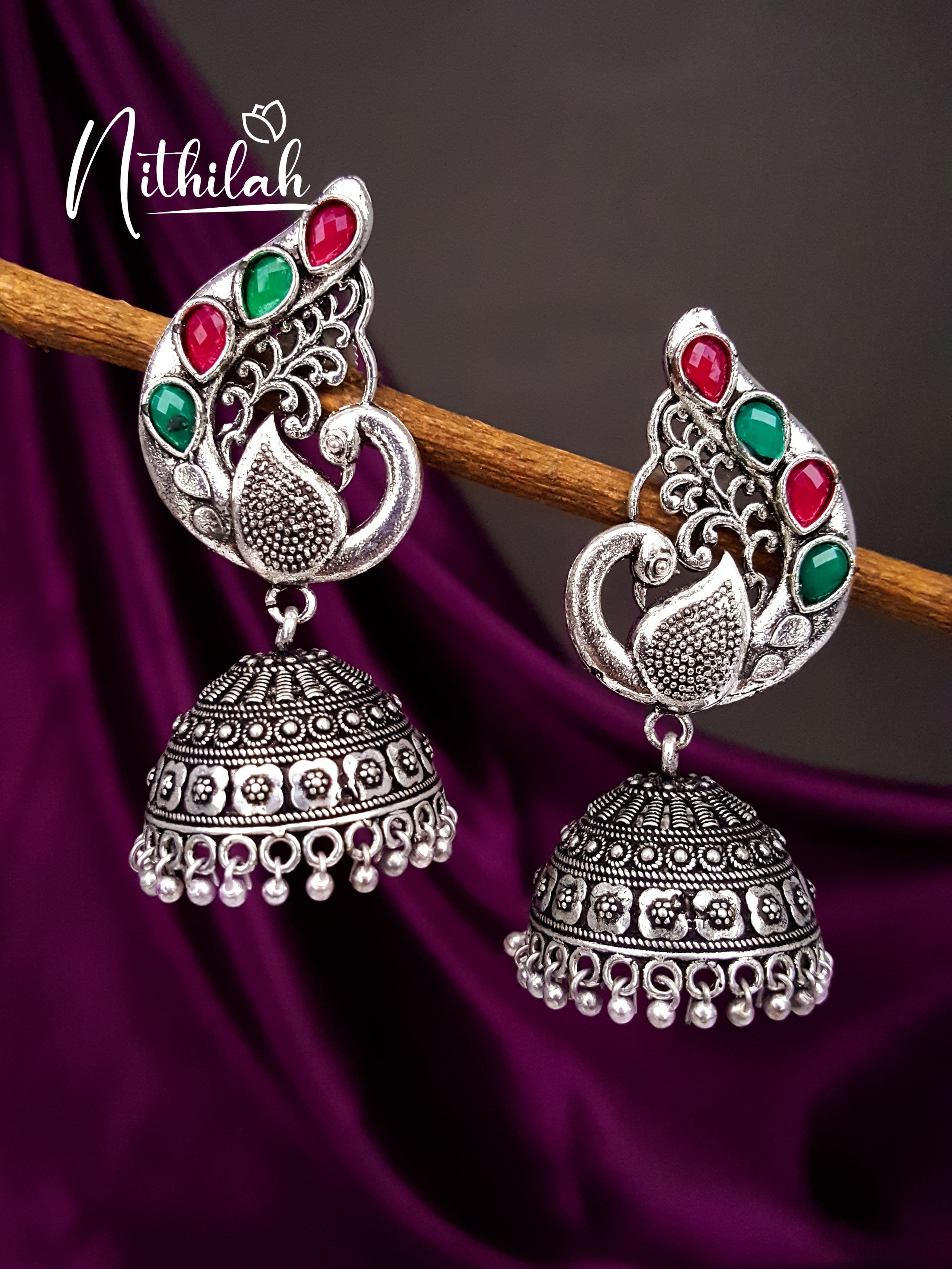 Buy Imitation Jewellery Side Peacock Oxidised Silver Jhumka NMAE104 Online