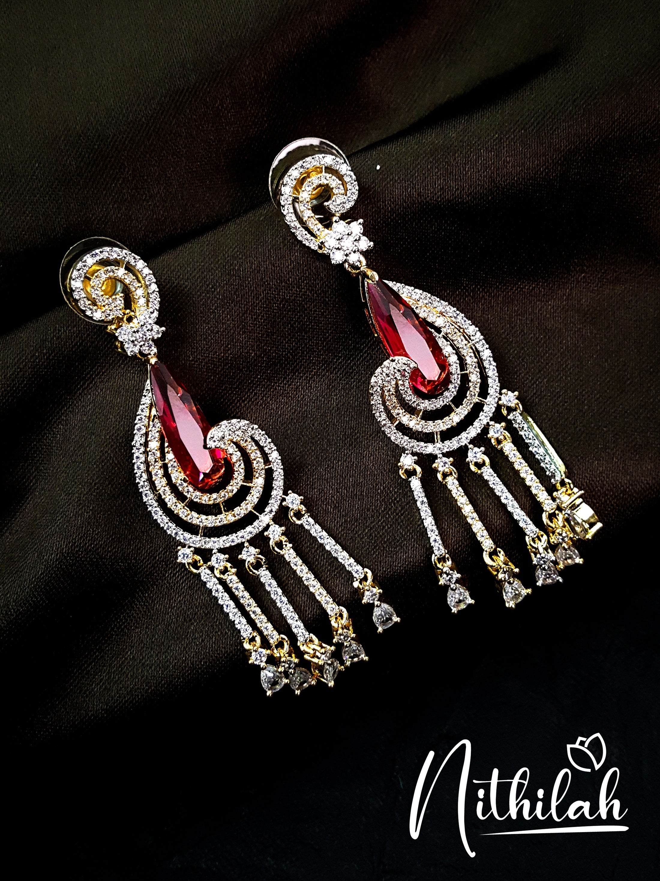 Rose gold and black finish long AD leaf design earrings – Odara Jewellery